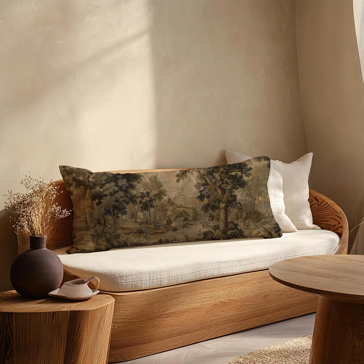 Vintage River Landscape 20x54 Body Pillow Cover, Nature Room Decor, Antique Rustic Farmhouse Tree Forest Body Pillow Pillowcase with Zipper for Bed Couch