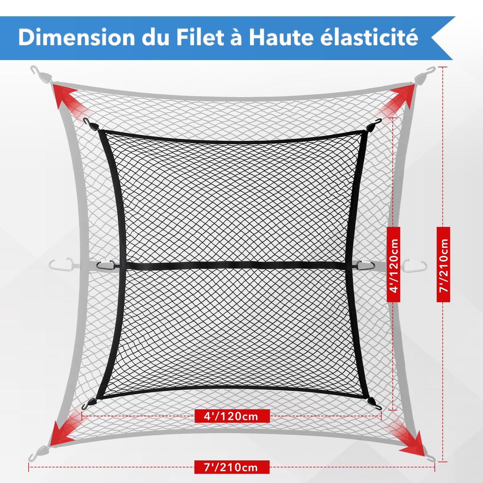 Filets pour Auto, Filet Rangement Van, Elastique Filet de Tension avec Crochets, Filet pour Remorque 1,2 x 1,2 m Extensible Jusqu'à 2,1 x 2,1 m, Filet de Fret pour Pick-up, Camion