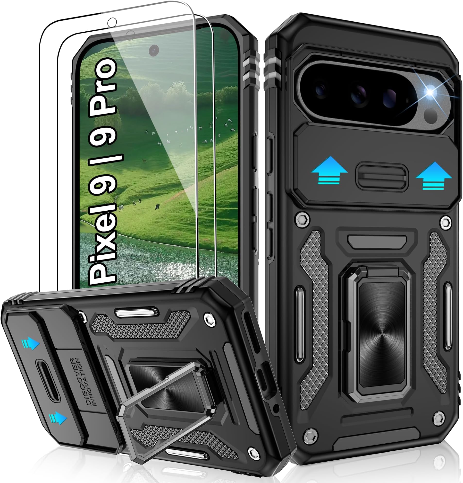 Jshru for Google Pixel 9 Case,Pixel 9 Pro Case,with 2 Pack Screen Protector,Military Grade Shockproof Case with Slide Camera Cover,Ring Stand Phone Cover for Google Pixel 9 | Pixel 9 Pro,Black