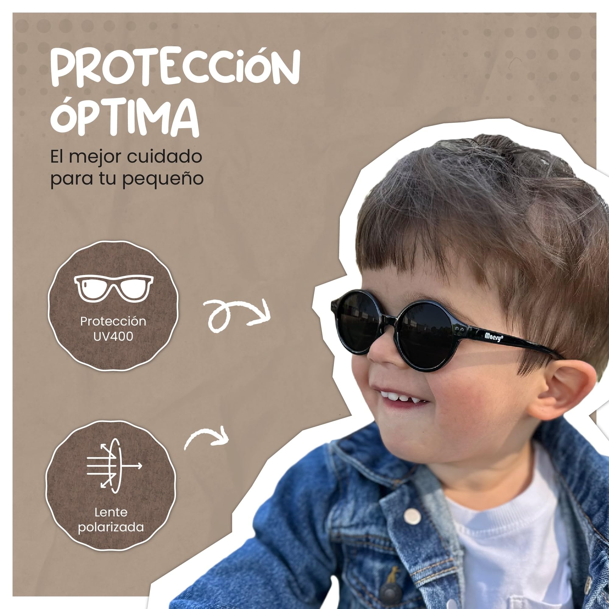 Gafas de Sol para Bebé, 0-2 Años, Protección Polarizada UV400, Montura Flexible y Blanda, Cinta Elástica Ajustable, Gafas de Sol Seguras y Cómodas para Bebés, Noah