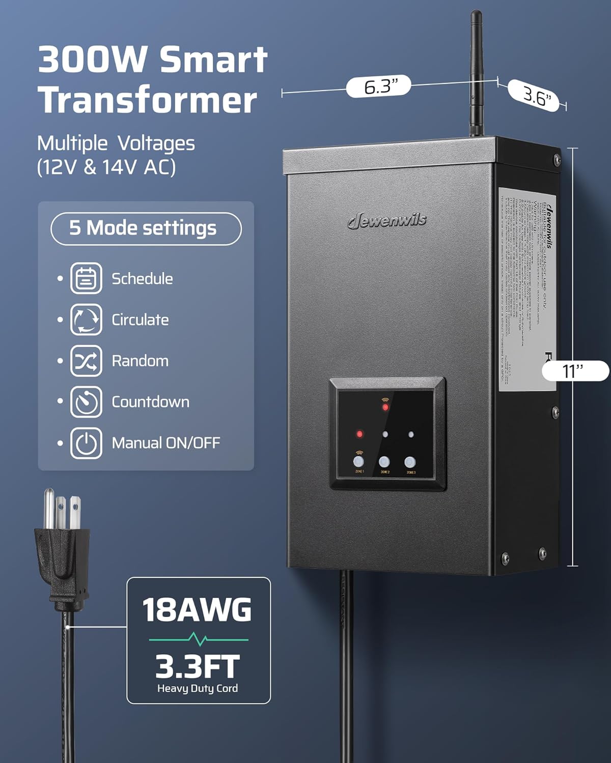 Dimensiones del transformador inteligente DEWENWILS 300W