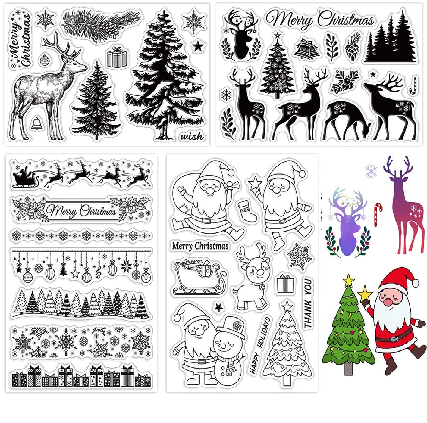Tampons Transparents De Noël En Silicone - Lot Avec Motifs Wapiti, Flocons, Sapins - Pour Cartes DIY