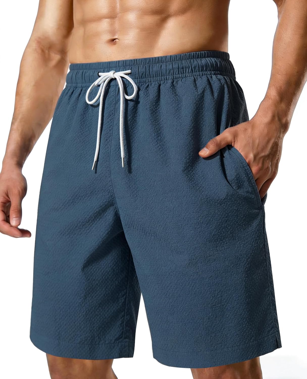 Men's Swim Shorts Seersucker Swimming Trunks for Men Beach Shorts Quick Dry Bathing Suit 5"/7"/9" with Pockets