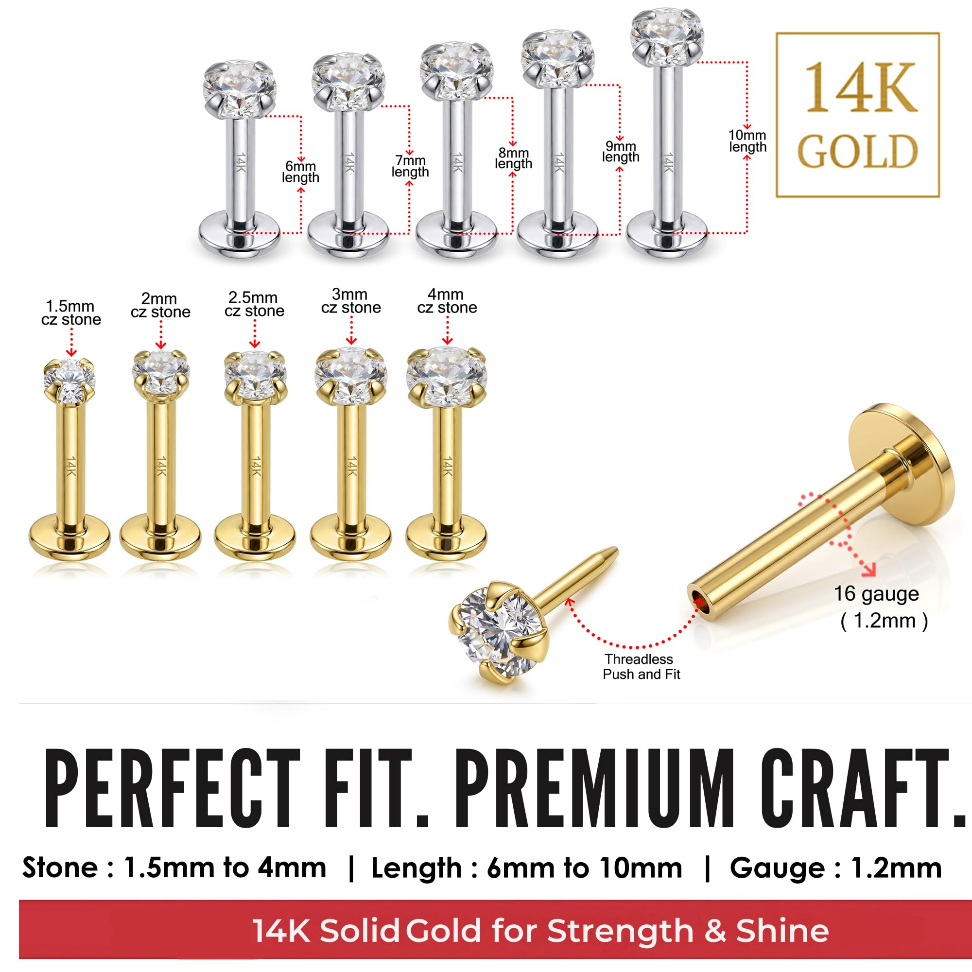 Piercing de labio de oro amarillo macizo de 14 quilates, oro blanco, circonita cúbica redonda, sin rosca, parte superior de calibre 16, parte trasera plana, piercing de barra para tragus