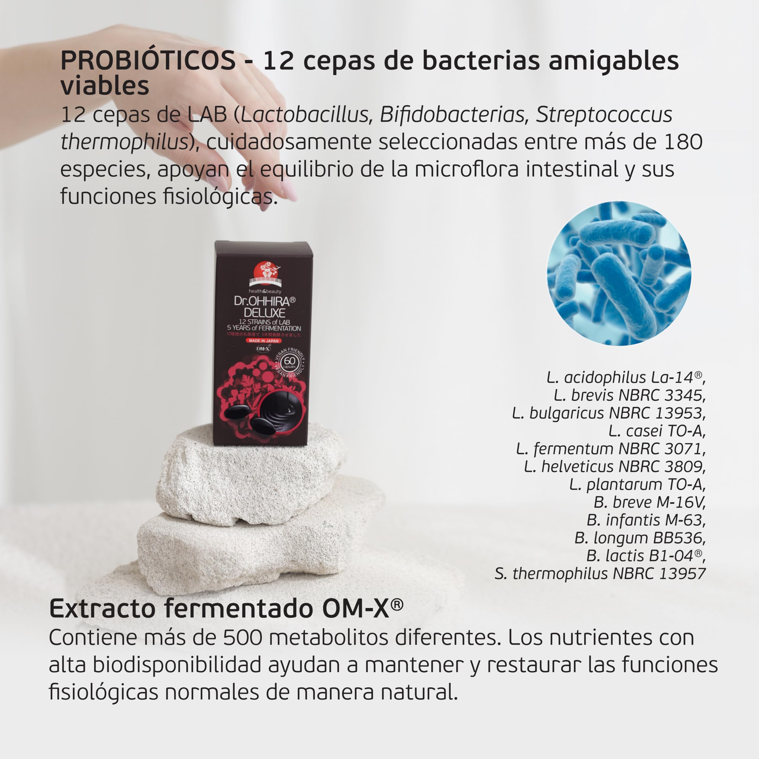 DELUXE Probióticos Salud Intestinal OM-X®, 60 Cápsulas | 100 mil millones UFC, Prebióticos, Postbióticos, 5 Años Fermentación, 12 Cultivos Vivos, enzimas digestivas, Flora Intestinal