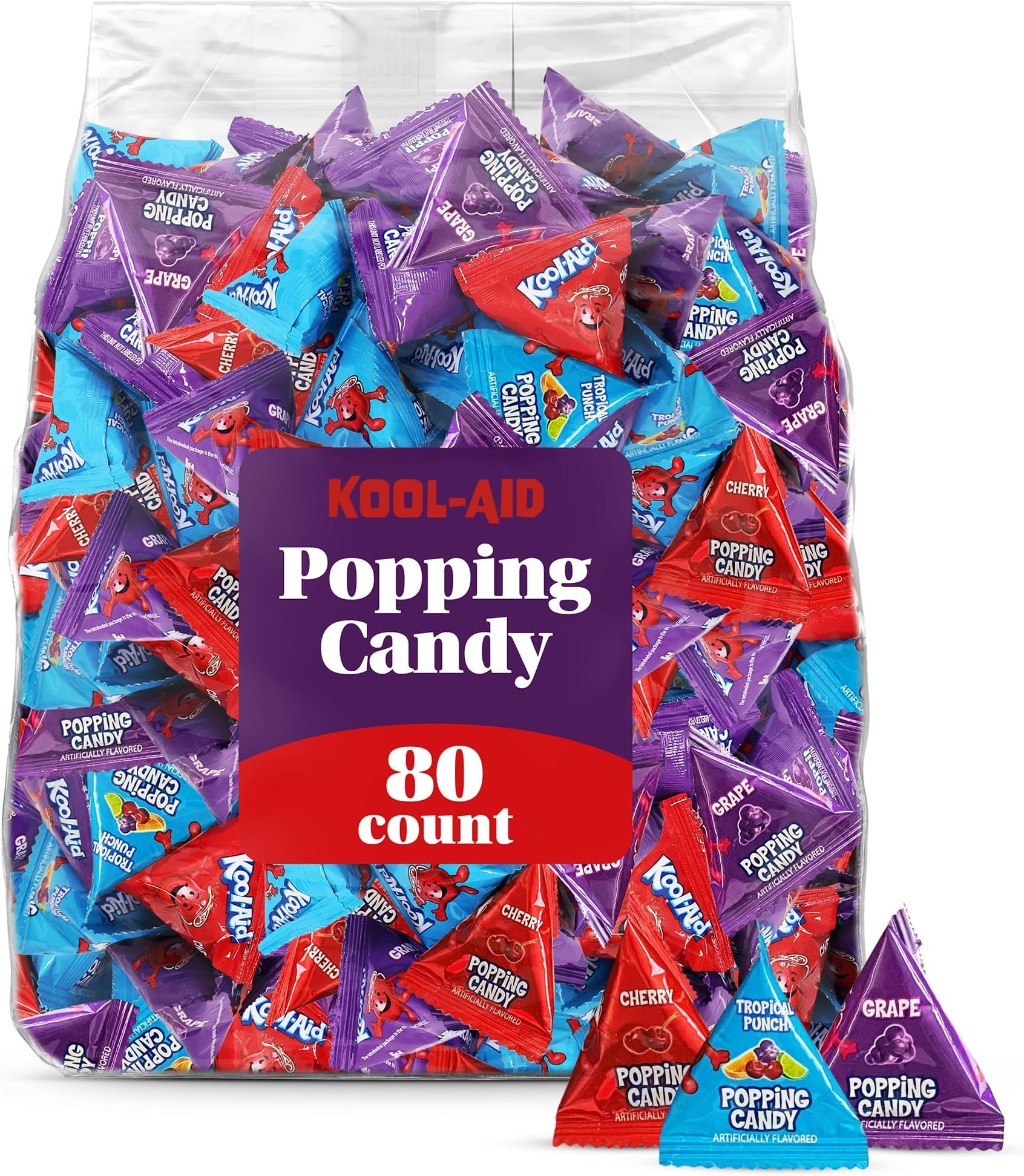 Individual Popping Candy Variety Pack - 80 Packets Halloween Candy Assorted Fruity Flavors (Tropical Punch, Cherry, Grape) Fizzy, Rock Candies for Parties, Gifts & Fun Treats