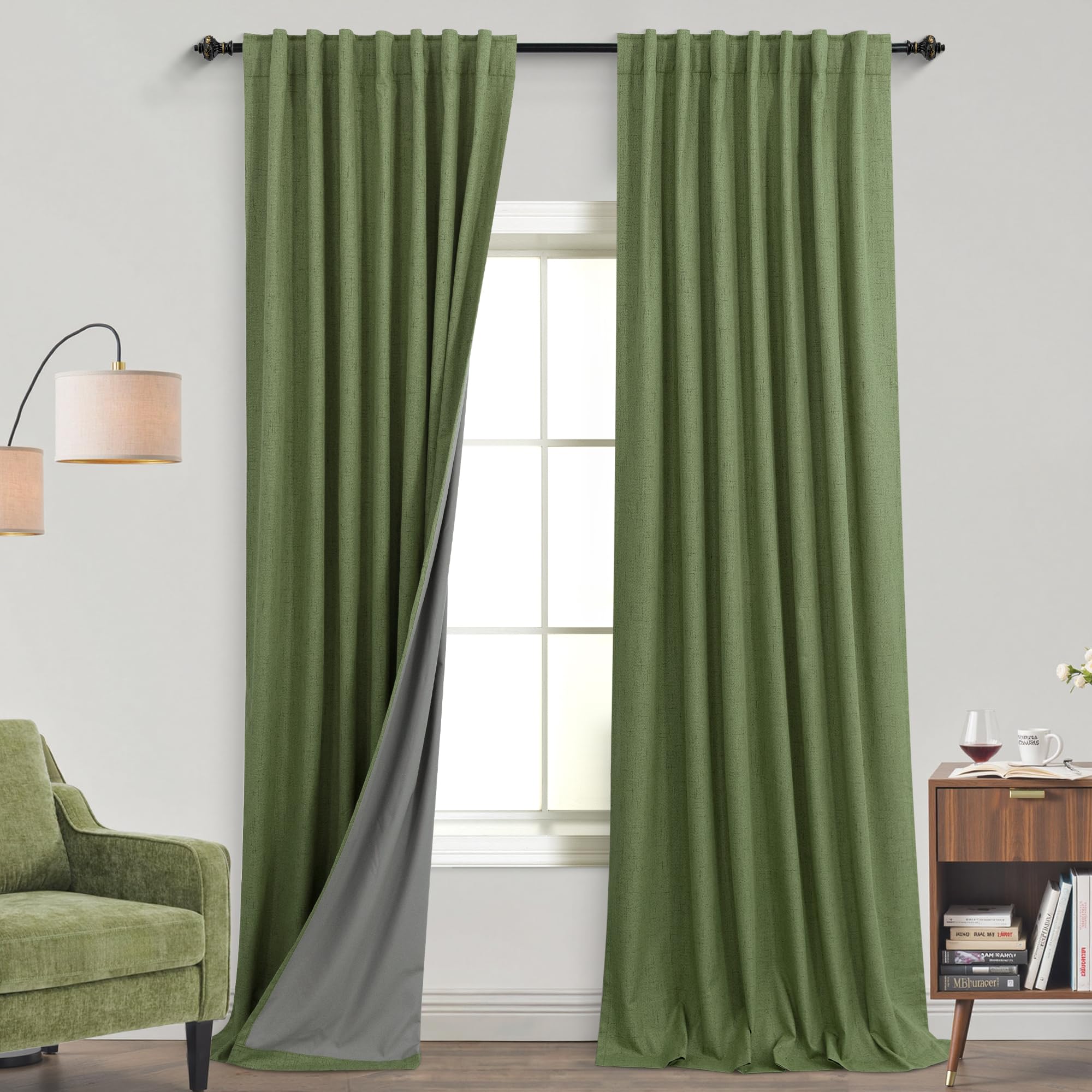 KOUFALL 108 Inch Olive Green Linen Curtains Boho Style Blackout Curtains for Bedroom Living Room 2 Panels Set — image 1