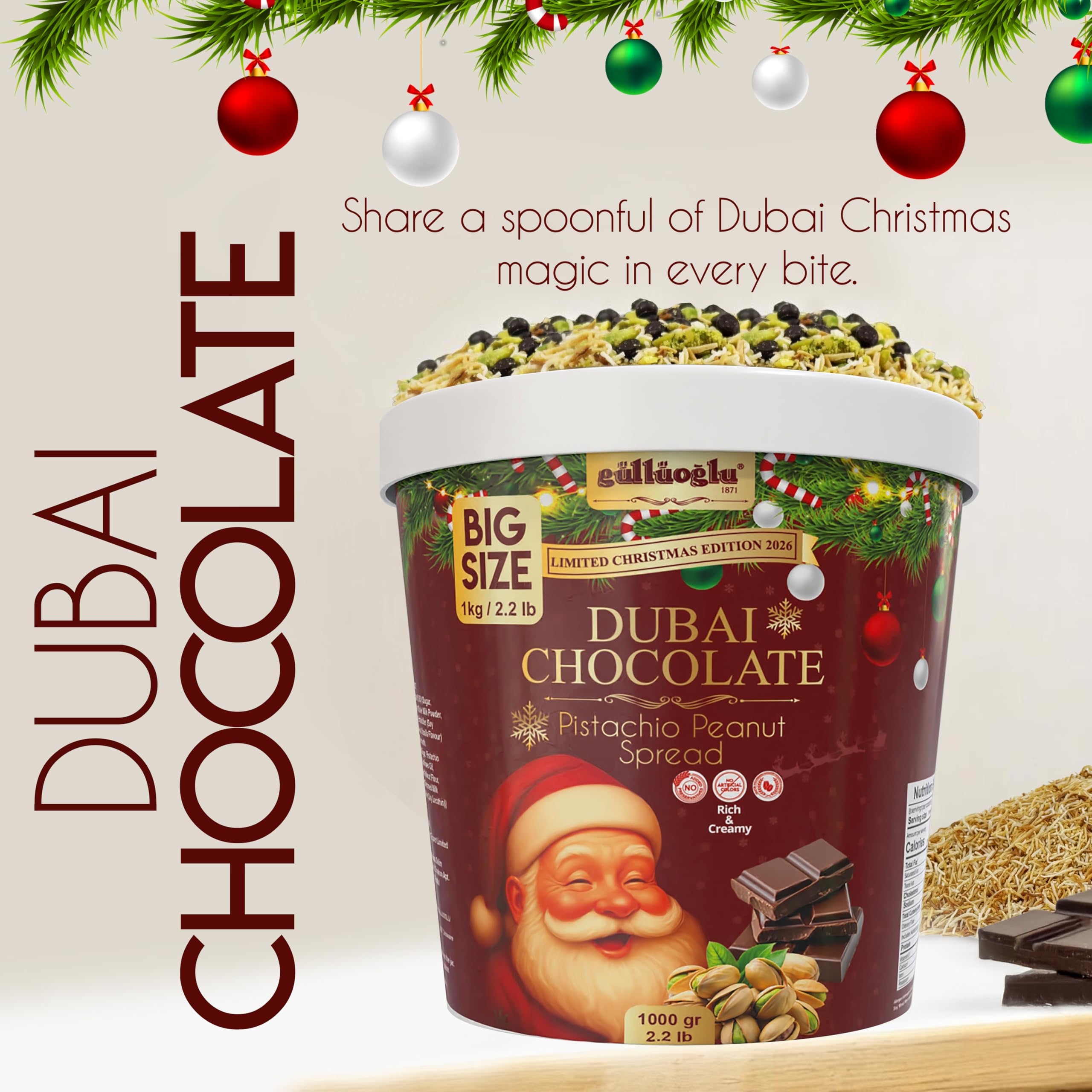 Gulluoglu Christmas Edition – Dubai Chocolate Pistachio Peanut Spread in Festive Holiday Jar | Limited Seasonal Gourmet Halal Dessert –: 2.2 lb / 1000 gr