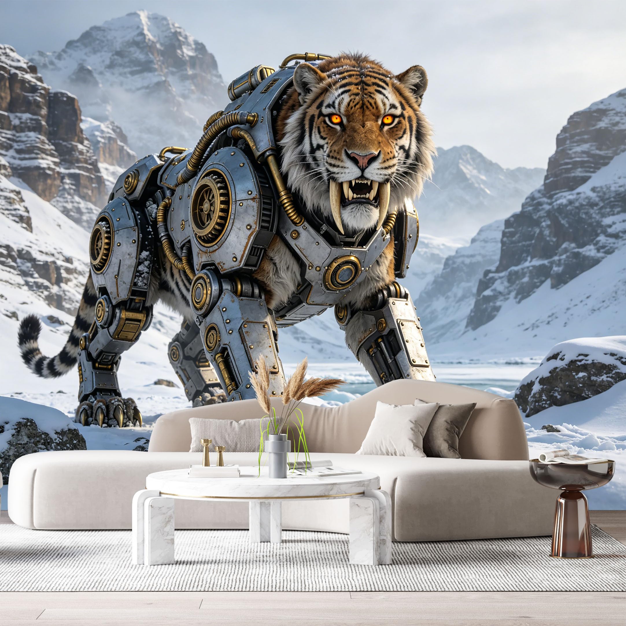 Custom Size Wall Mural Mechanical Tiger Mech SciFi Beast Armor Futuristic Wildlife Robot Animal Ice Mountain Style SelfAdhesive Art Prints Removable Large Wallpaper Esports Game Room Studio
