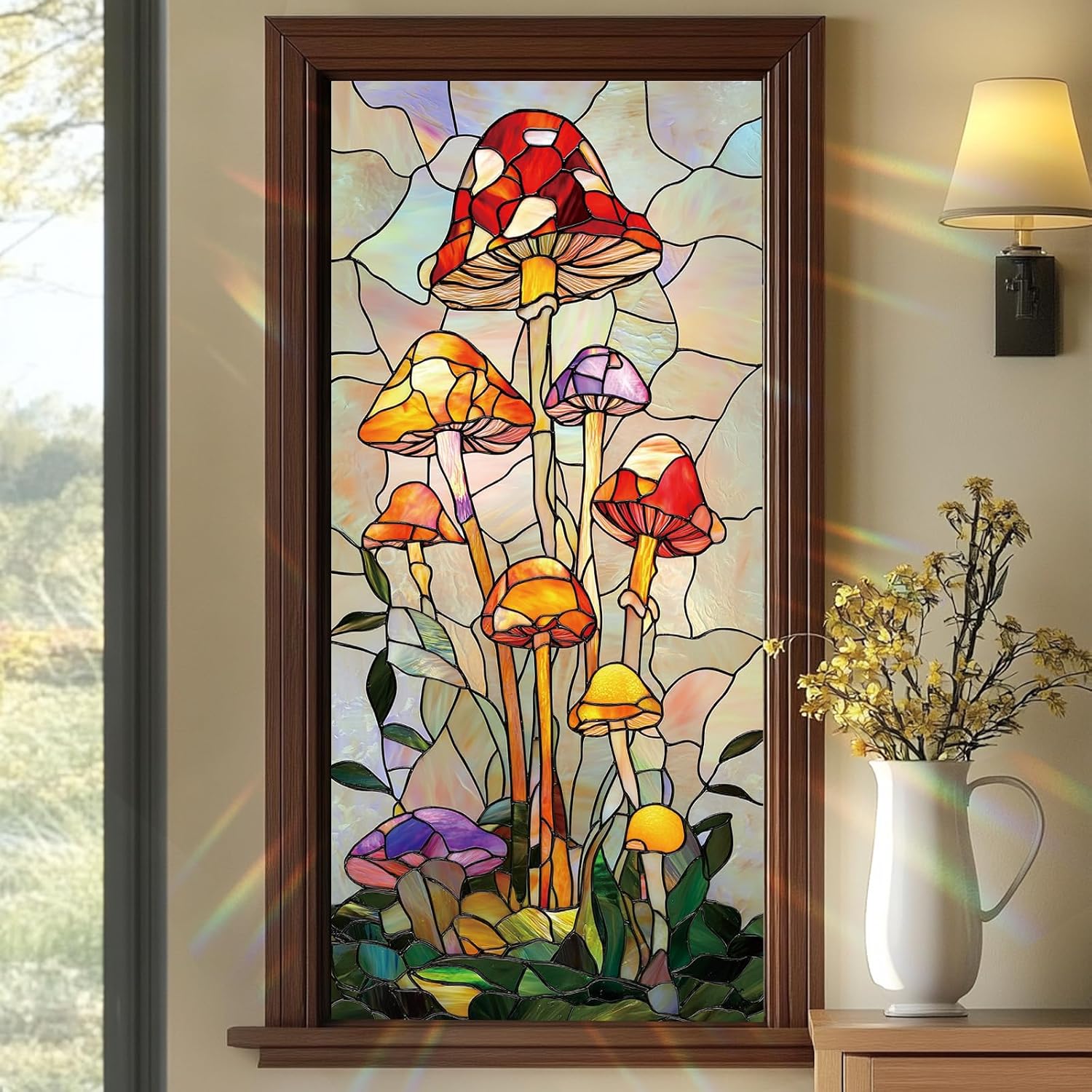Stained Glass Mushroom Window Film Colorful Botanical Decorative Privacy Static Cling Window Covering 17.7 x 39.3 Inch No Glue UV Blocking Window Sticker for Bathroom Kitchen Door