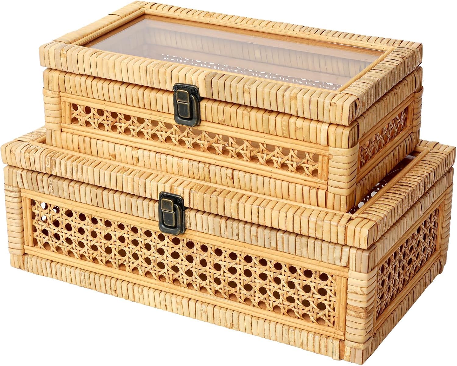 Set di 2 Scatole Impilabili in Rattan E Canna Stile Boho con Coperchio in Vetro - per Decorazioni Rustiche in Stile Country, Contenitori per Riporre Oggetti, Organizzazione della Casa, Eleganti