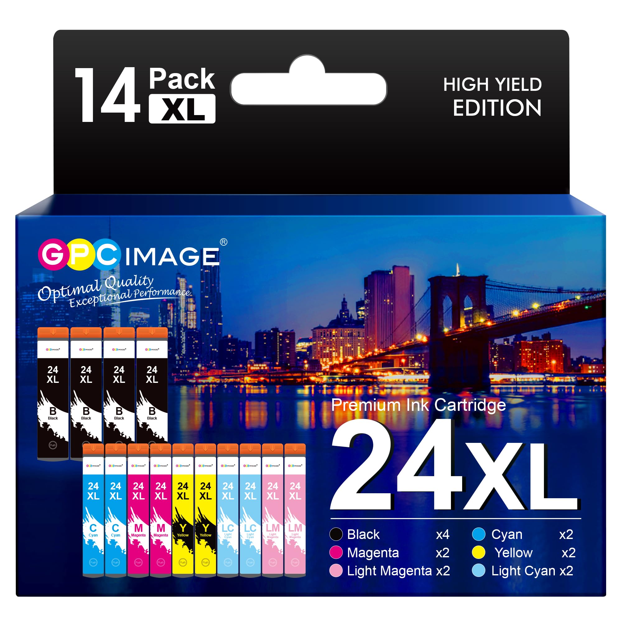 GPC IMAGE 24XL Druckerpatronen Kompatibel für Epson 24 XL Multipack für Expression Photo XP-55 XP-750 XP-760 XP-850 XP-860 XP-950 XP-960 XP-970 (4 Schwarz/2 Cyan/2 Magenta/2 Gelb/2 LC/2 LM, 14-Pack)