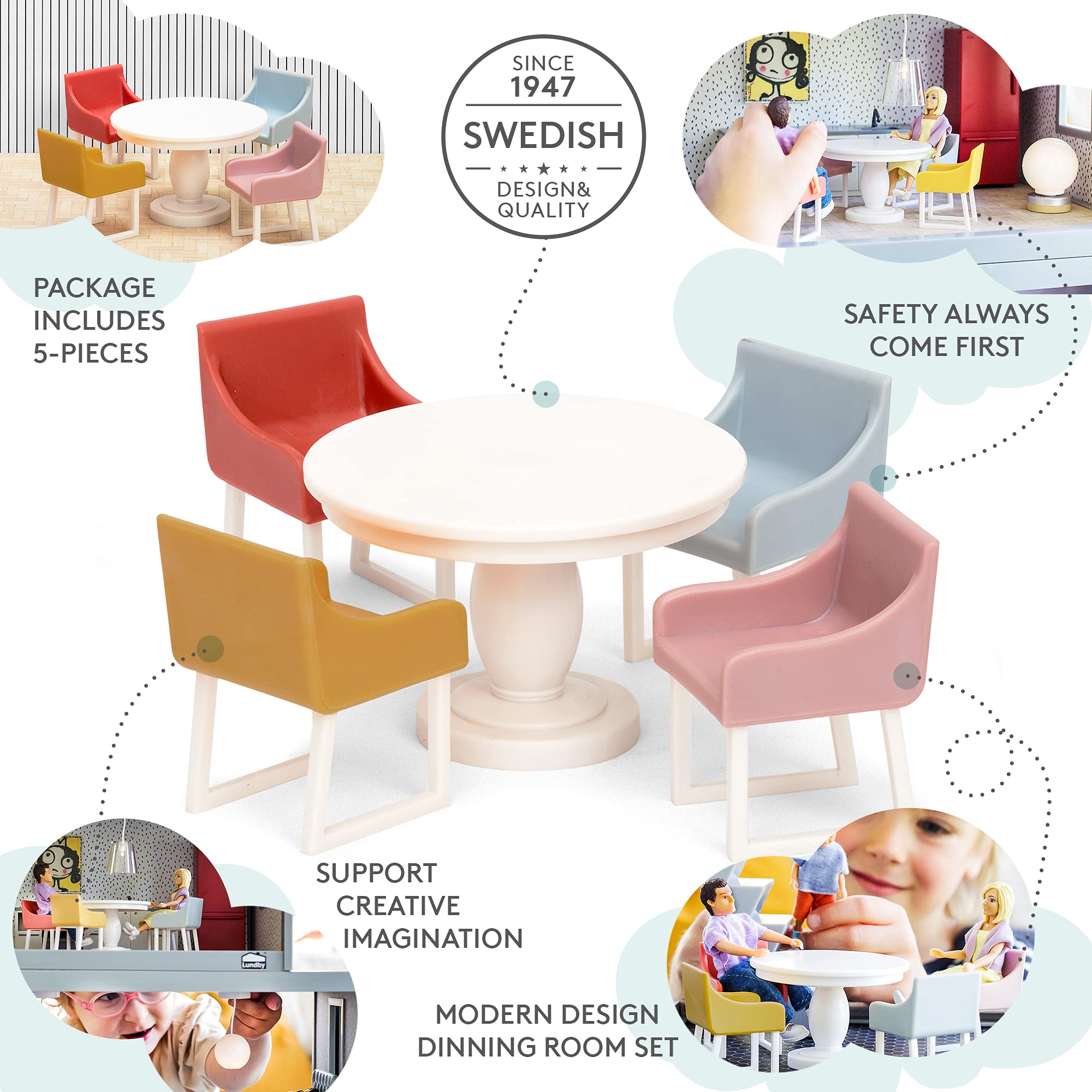 LUNDBY Domek dla lalek meble do jadalni, zestaw krzeseł stołowych – 5-częściowy zestaw akcesoriów do domku dla lalek mini 11 cm – wiek 4 +, skala 1:18