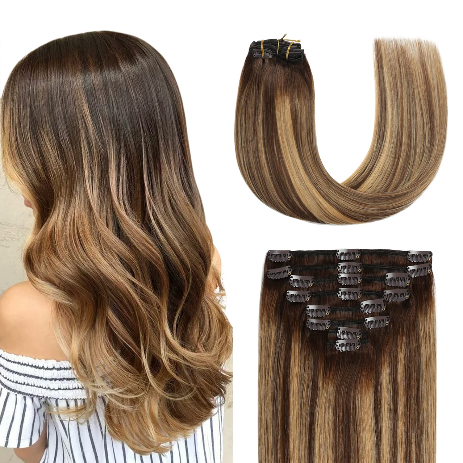 Sunya Clip in Hair Extensions Human Hair Balayage 16 Inch Chocolate Brown to Honey Blonde Remy Human Hair Extensions Double Weft Straight Human Hair Clip In Extensions #T4/27/P4 Color 8pcs 120g