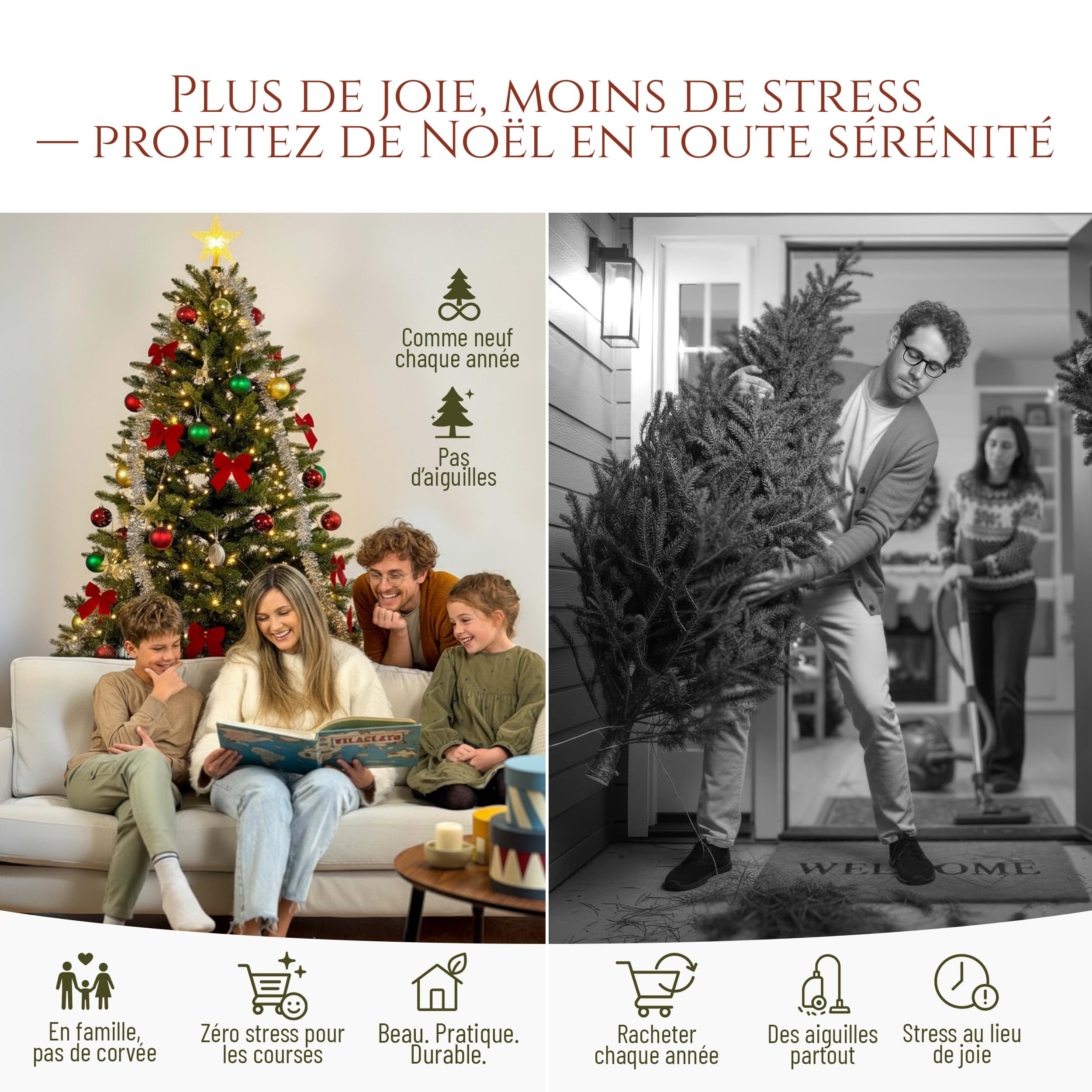 Sapin De Noël Artificiel PFLANZWERK 250 Cm - Vainqueur Test, Réaliste, Avec Support Bois - Durable, Sans éclairage - 3