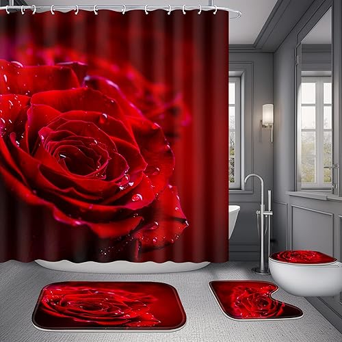 Miniatura 5 de Poedist - Juego de cortinas de ducha, 4 piezas, diseño de rosa roja para baño, incluye cortinas románticas y tapetes para baño (tapete de baño,
