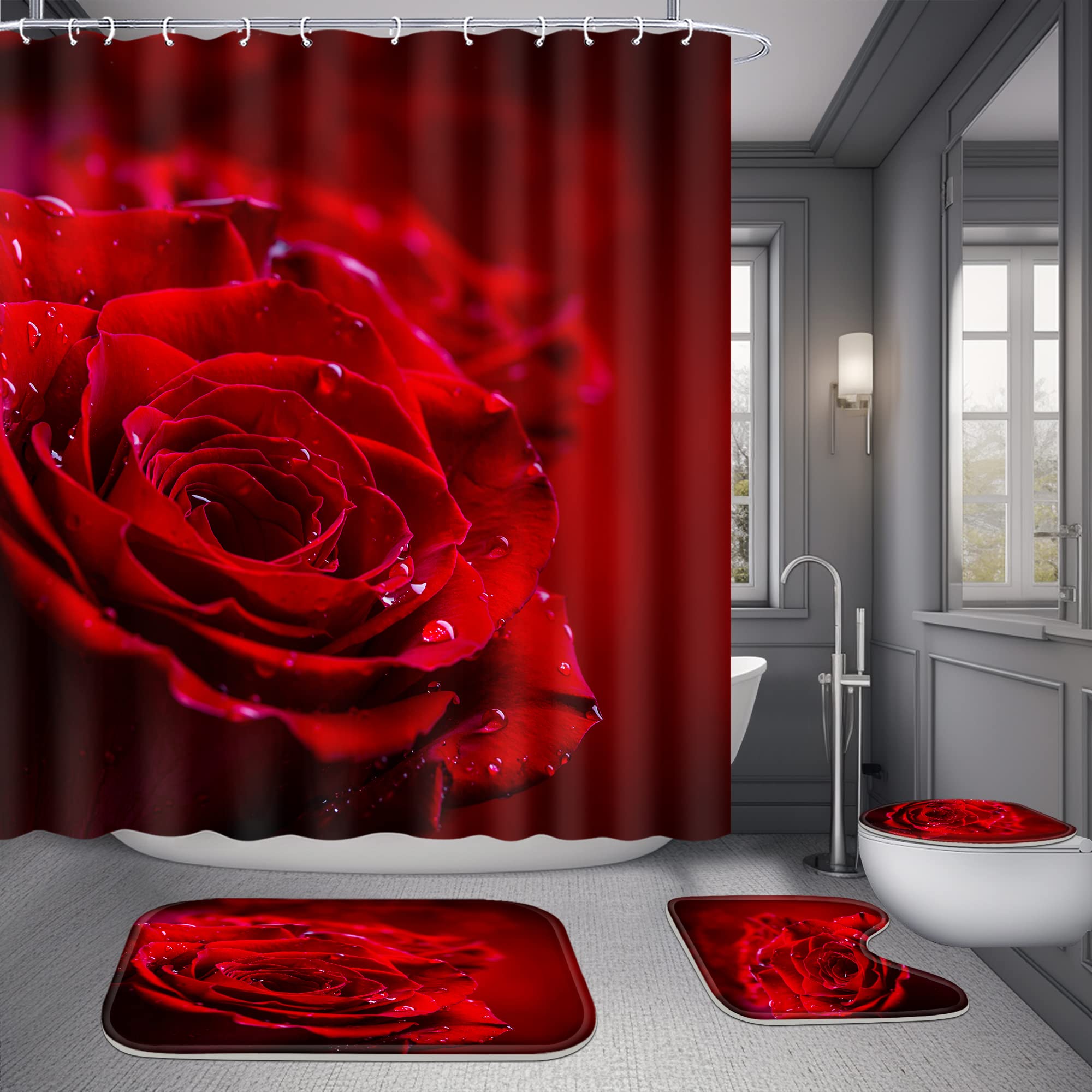 Poedist 4-teiliges Badezimmer-Set Mit Rosen-Duschvorhang – Inkl. Matten & Haken, Wasserdicht