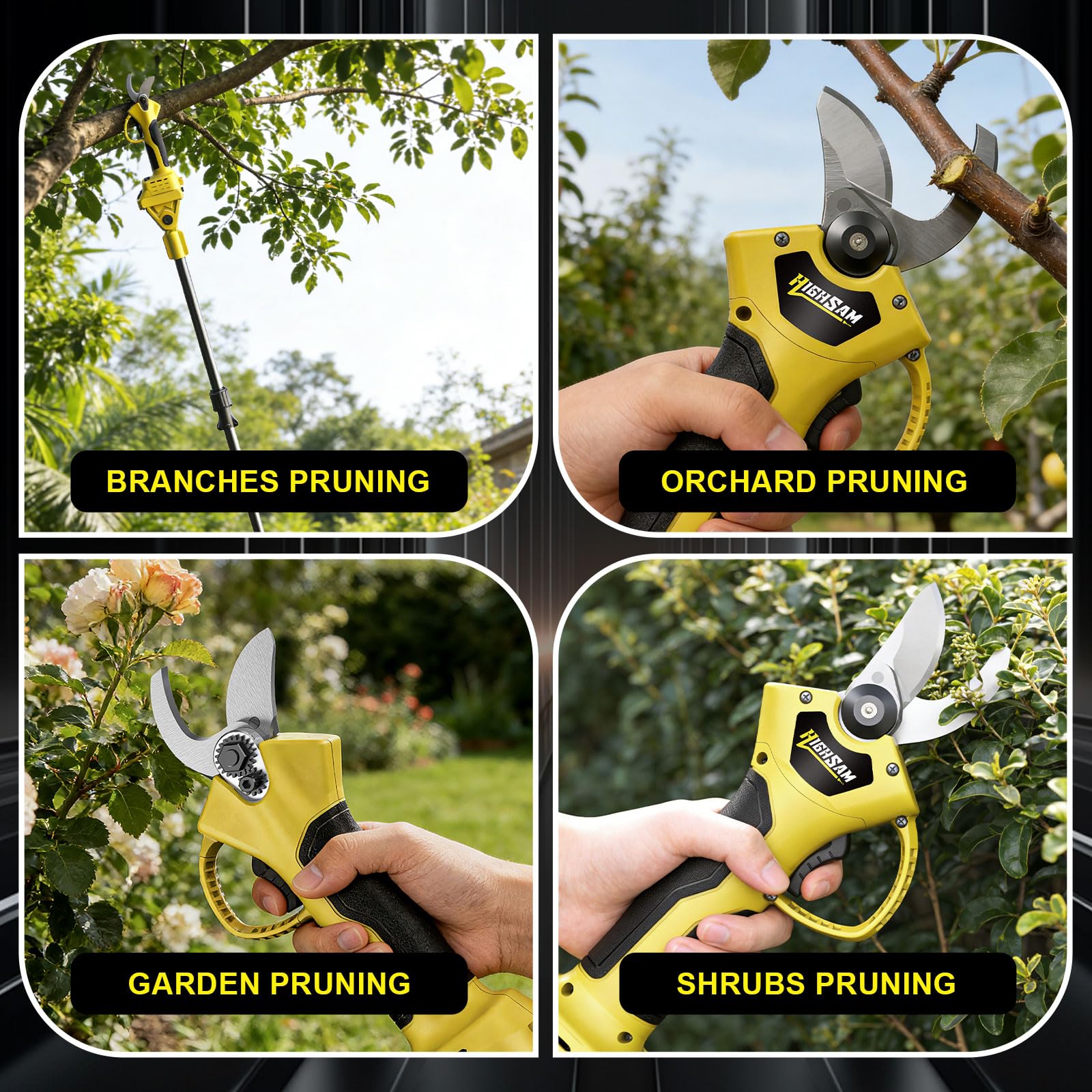 2 in 1 Elektrische Gartenschere, Akku Astschere Teleskopmit 4m Teleskopstange, 1500W Bürstenloser Motor, 2×2.0Ah Akkus, 42MM Schnittdurchmesser, 180° Verstellbar, für Garten & Baumschnitt (Gelb black)