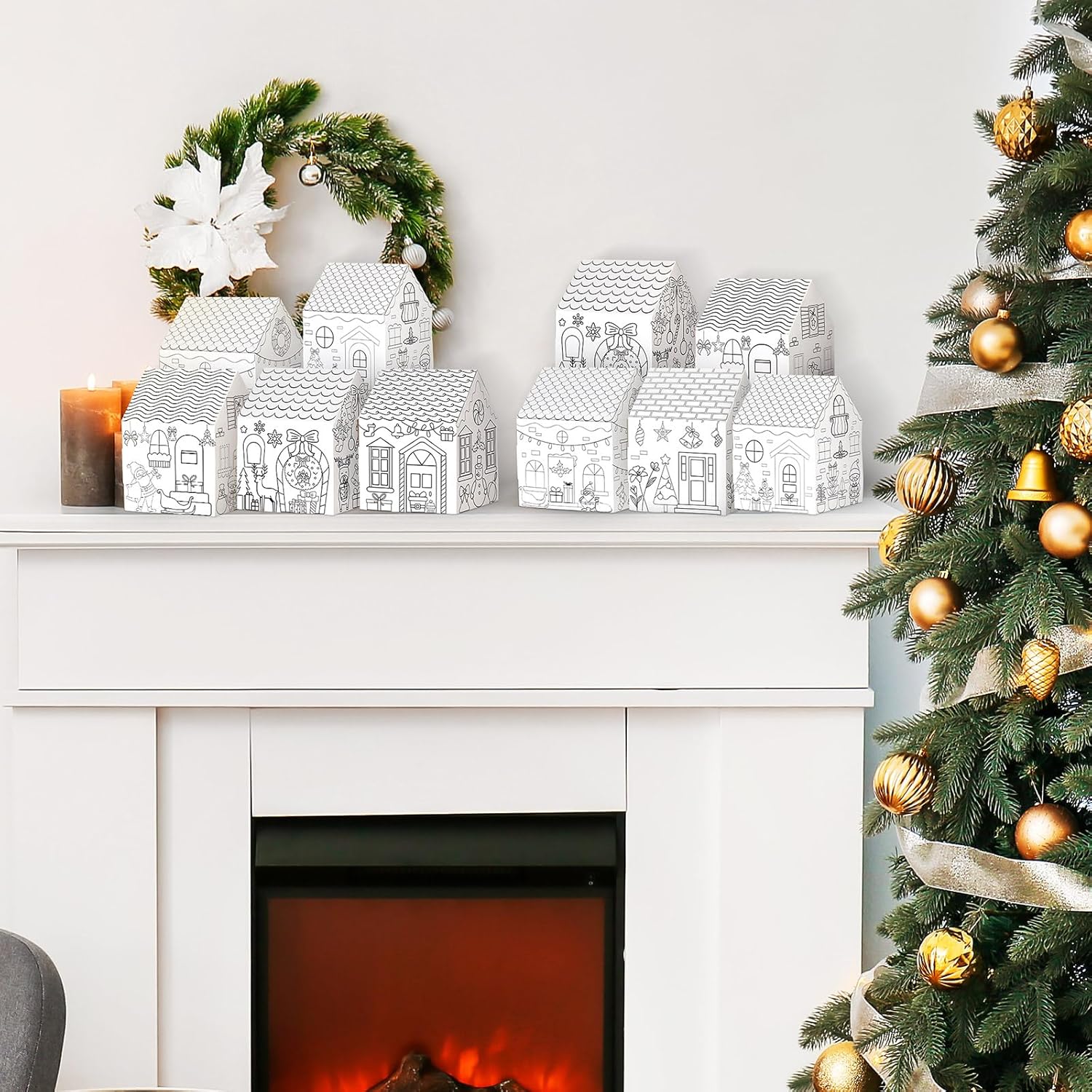 Watersay 12 Pcs Christmas Paper Coloring Houses DIY Craft Color Your Own Cardboard Houses Personalize a Cardboard House Xmas Holiday Party Favors Gifts for Girls Boys Classroom Home School