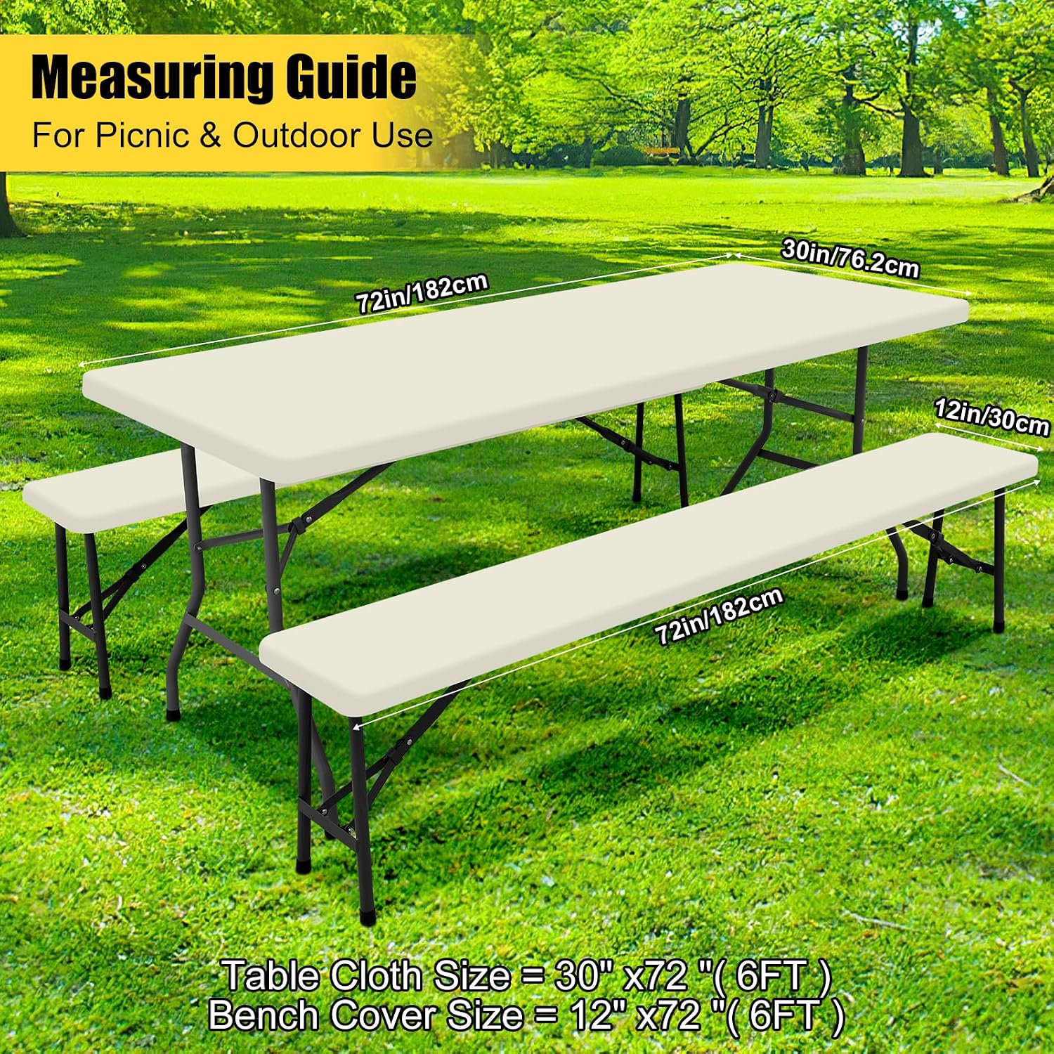 Smiry Picnic Table Cover with Bench Covers, Waterproof Elastic Fitted Polyester Tablecloths for 6 Ft Rectangle Tables, Washable Windproof Tablecloth for Camping, RV & Outdoor (Beige, 30x72 Inches)