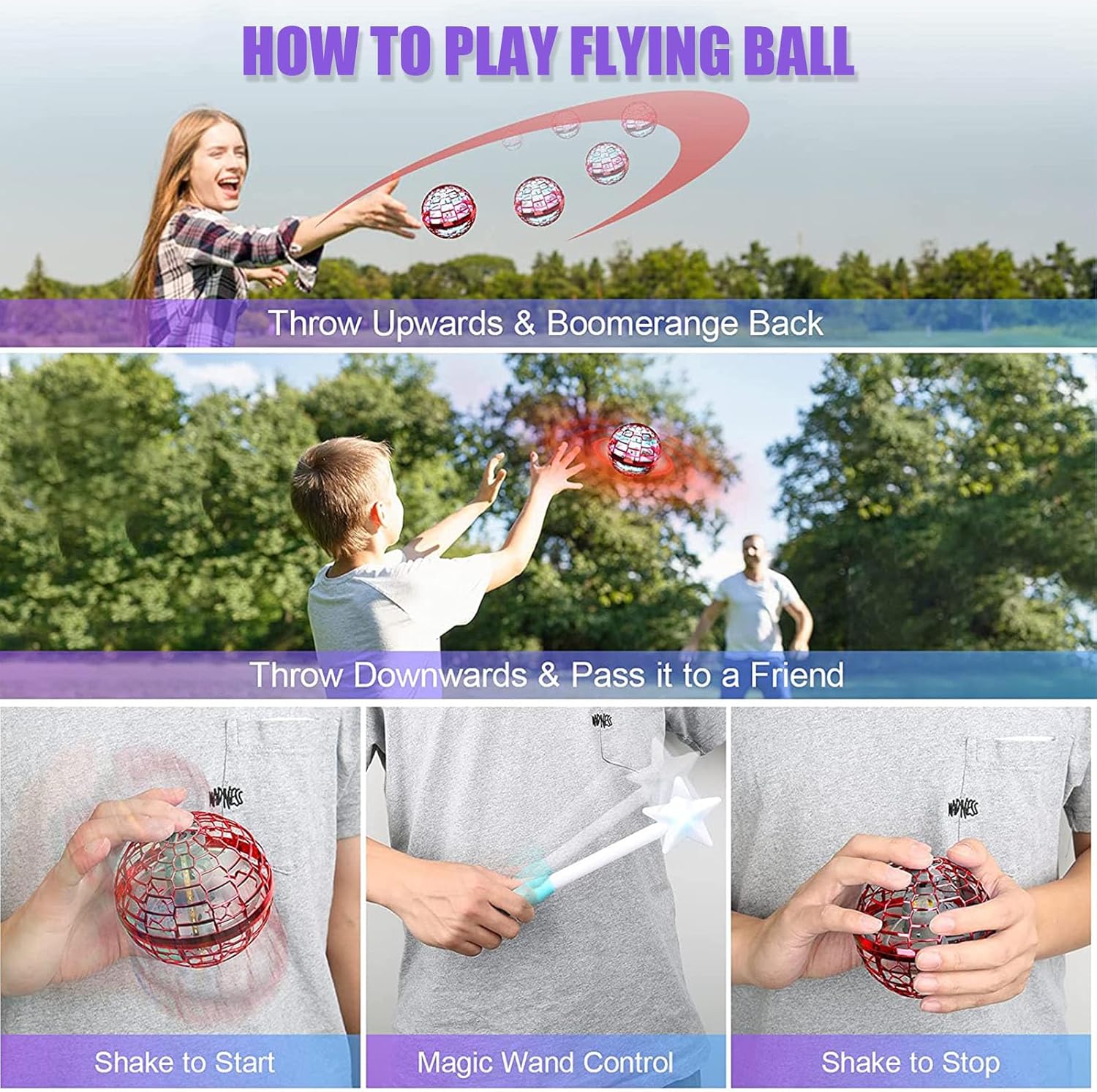 ATHLERIA Gold Flying Orb Ball with Wand,Hand Controlled Mini Drone Helicopter Hover Boomerang with 360° Rotating and RGB Lights - Cosmic Globe Spinning Interactive Toys Indoor Outdoor