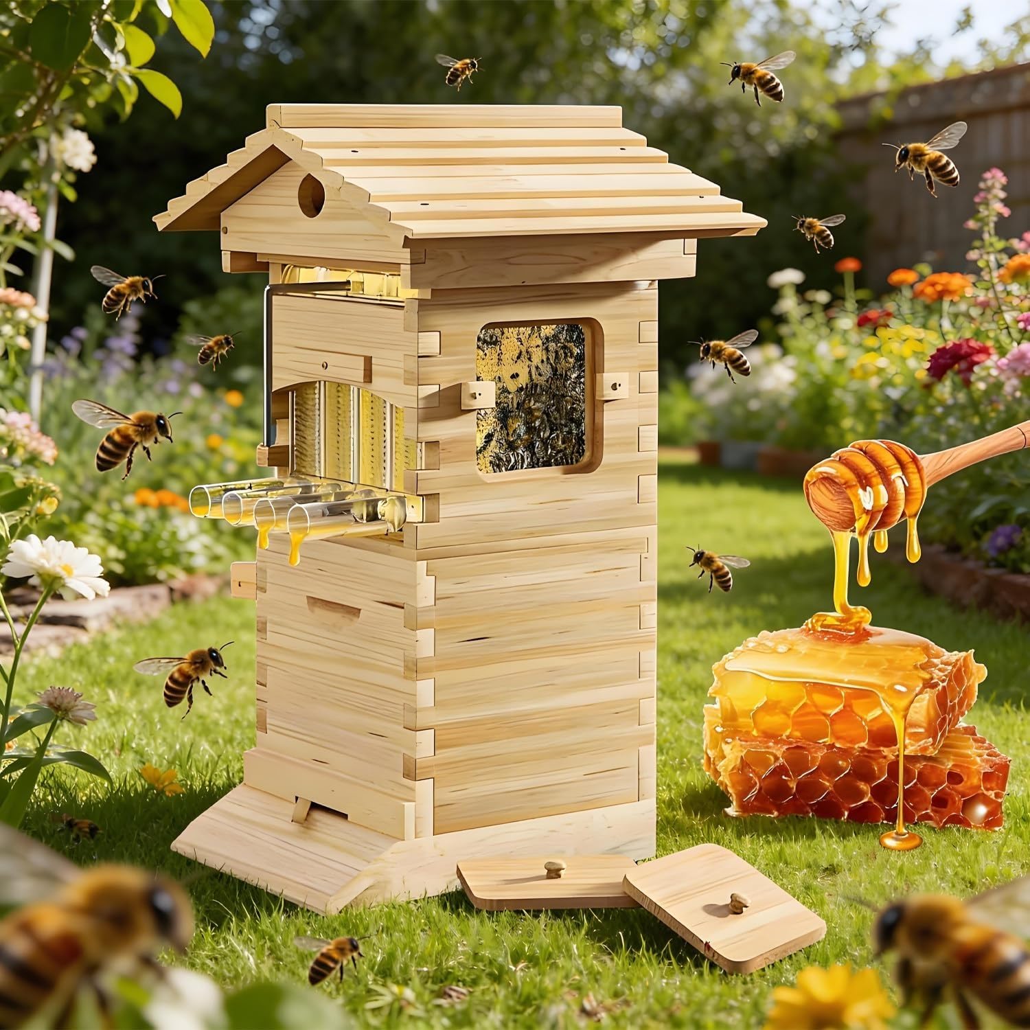 Self-Flowing Honey Beehive with Observation Window and Spout, Starter Kit, Includes 4 Bee Frames and 6 Honeycomb Trays for Garden Pollinators