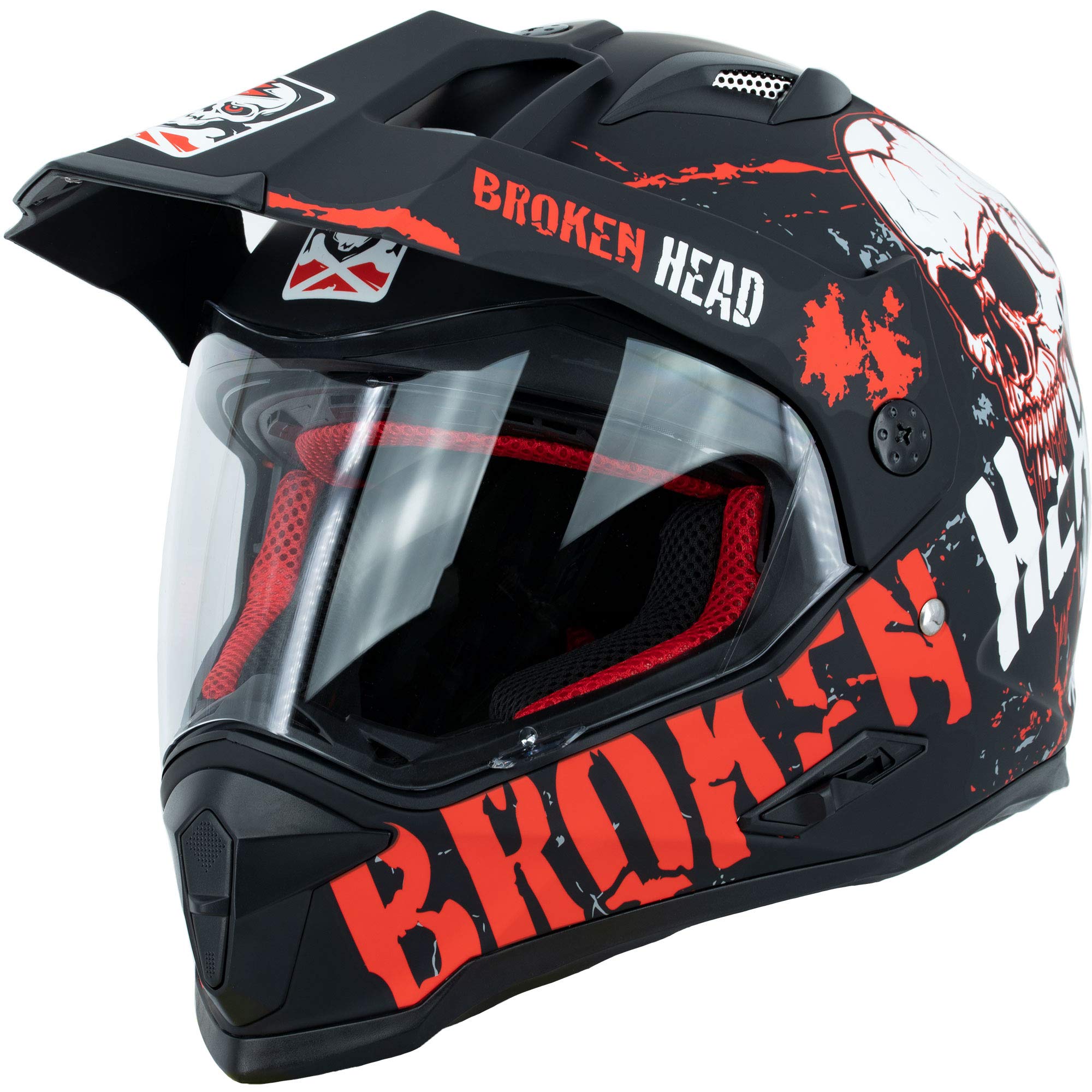 Broken Head Bone Crusher Motocross-Helm Rot mit Visier - Enduro MX Cross-Helm - Motorradhelm mit Sonnenblende