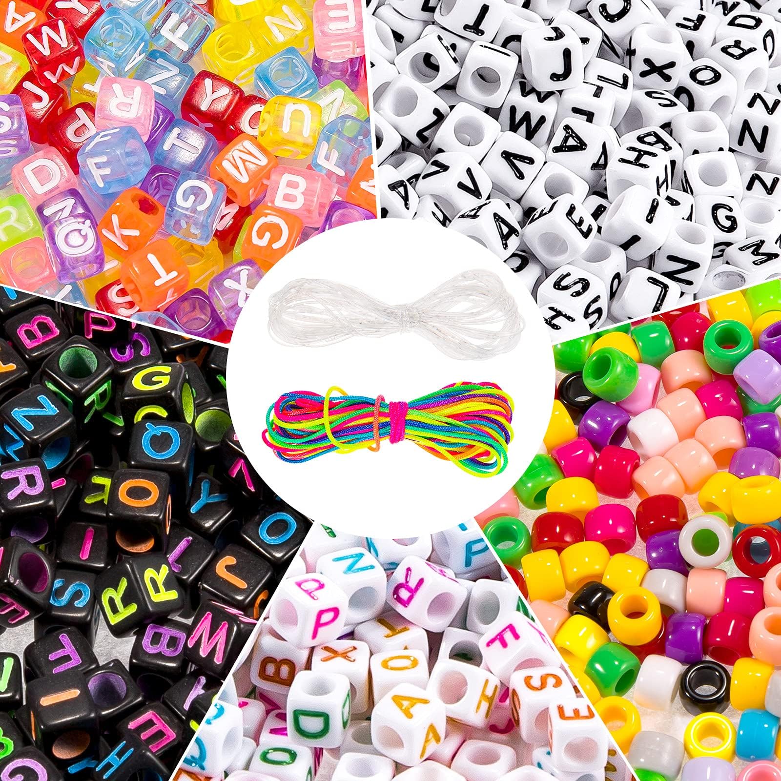 Whaline 1000Pcs Charms & Beads Kit, Multicolor Letter Alphabet ABC Beads Pony Beads with 2 Roll String Cords for Jewelry Making DIY Craft Bracelet Necklace Handmade Gift