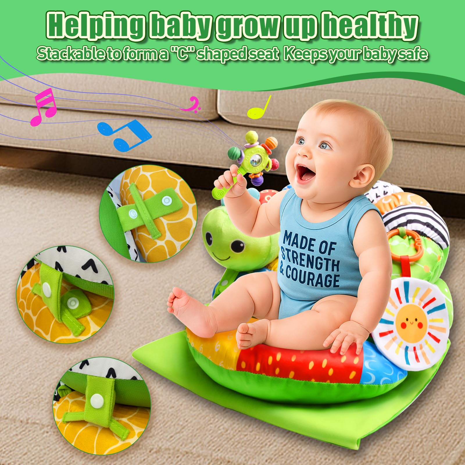 Ulikey 3 in 1 Bauchlage Spielzeug Baby, Abnehmbar Raupe für Baby, Bauchlage Helfen Sitzen Stützen Babyspielzeug 3 6 9 Monate mit Rassel, Beißring, Spiegel