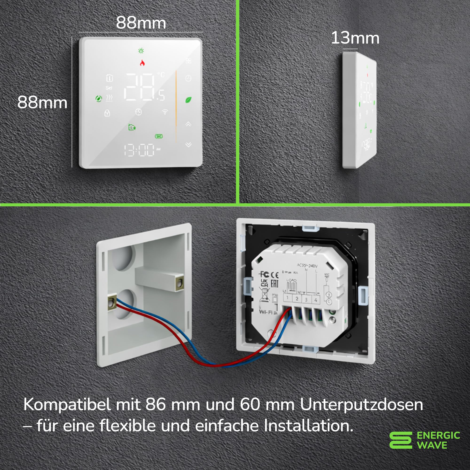 Thermostat für Elektrische Fußbodenheizung - Smart WIFI Programmierbar Raumthermostat Kompatibel mit TUYA, Google Home und SmartLife - 16A 60 mm Unterputz Bodenfühler