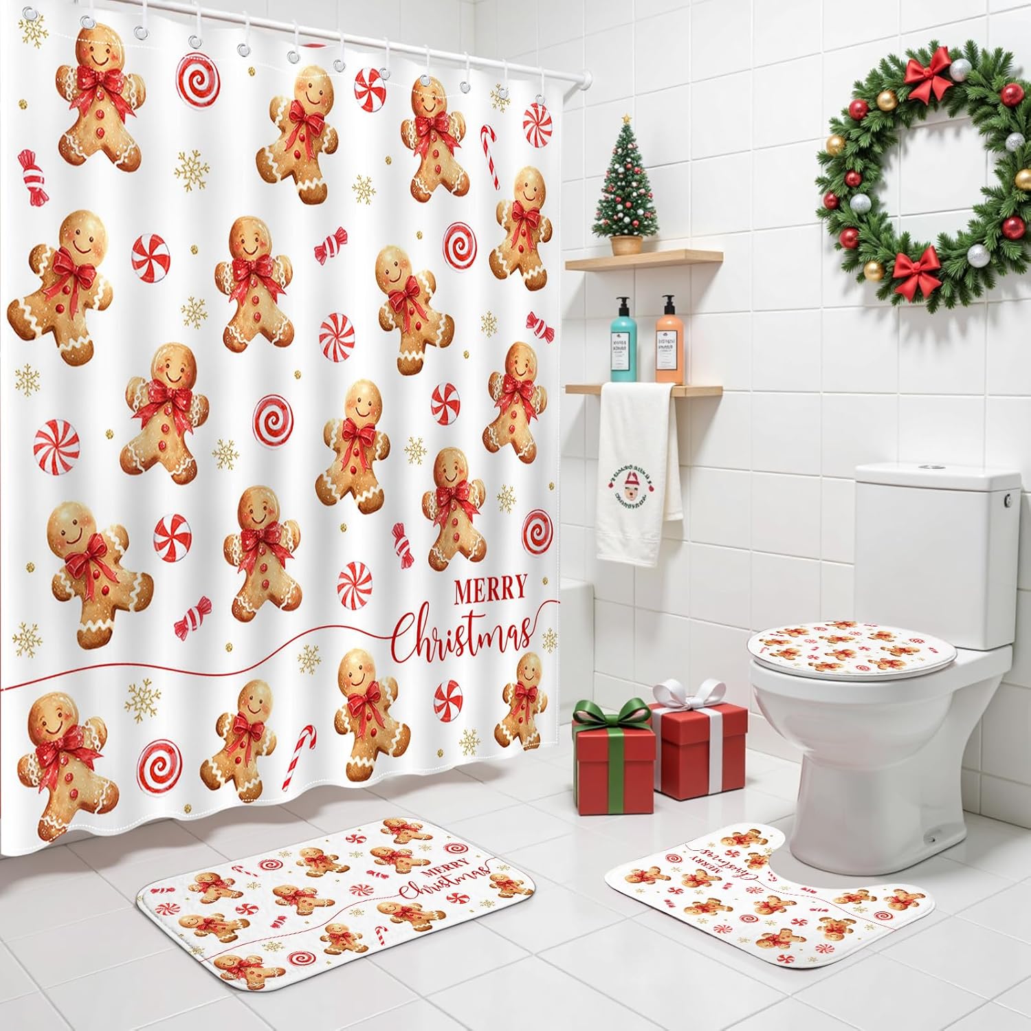 Mocsicka 4pcs Merry Christmas Shower Curtain Set Cute Gingerbread Man Snowflake Christmas Bath Decor Accessory Set with Non-Slip Washable Bath Rugs Toilet Lid Cover for Xmas Holidays Bath Deocr