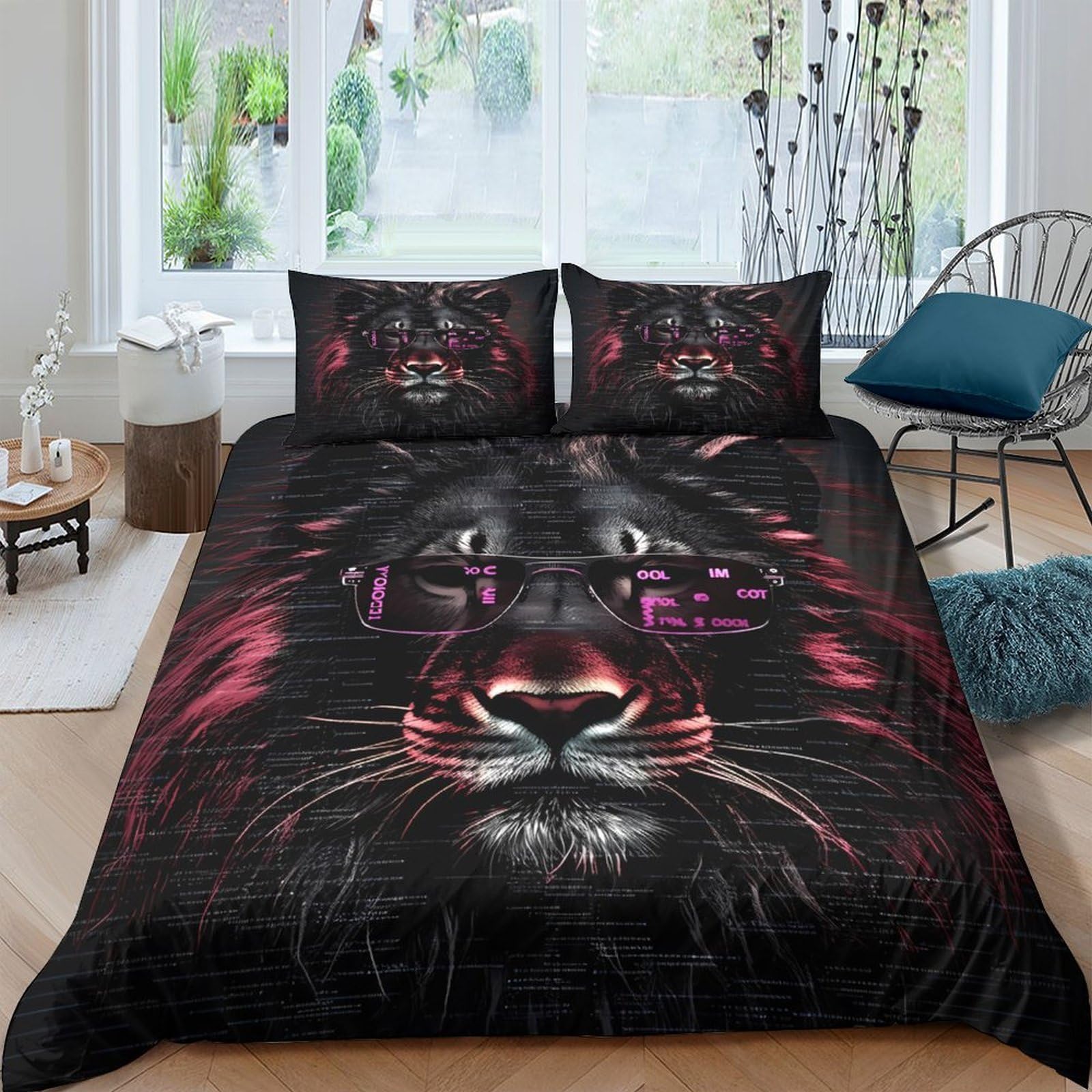Ctjqhvkz Style-2 3D Printed Black Lion Fitted Sheet Microfiber Soft Breathable Purple Wild Animal Bed Cover For Bedroom Dorm Decor Single（135X200cm）