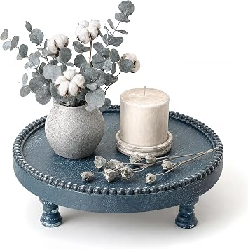 EOSAHR Pine Wood Round Display Riser for Room Decor Farmhouse Beaded Pedestal Tray for Coffee Table, Soap Dispenser, Plants Ideal for Displaying Bathroom Accessories Blue