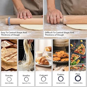 Super Kitchen Adjustable Wooden Rolling Pin with Thickness Rings for Baking