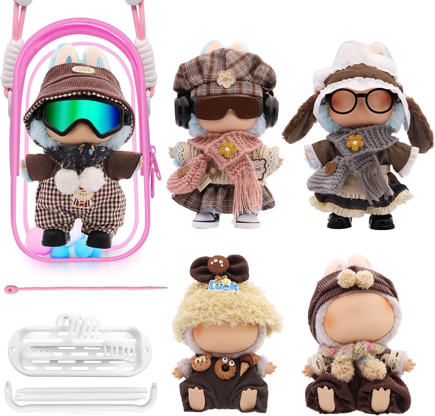 Clothes for Labubu, 24-piece Clothes and Accessories Set Designed for Labubu Doll Clothes, Includes Display Bag, Clothes Rack, Scarf, Knitted Bags, Headphones, Glasses, and Shoes Accessories - Style C
