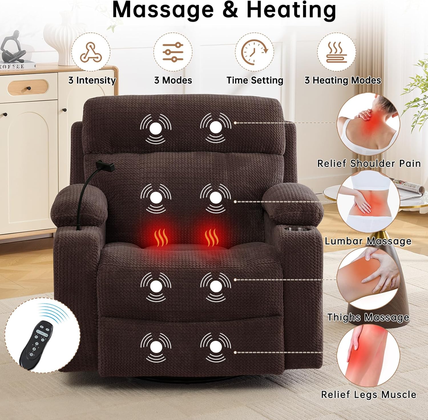 Power Swivel Rocker Recliner with Dual Motor Adjustable Headrest,Infinite Position Glider Rocking Recliner for Adults with Massage & Heat,USB &Type-C Ports,Armrest Storage,Brown