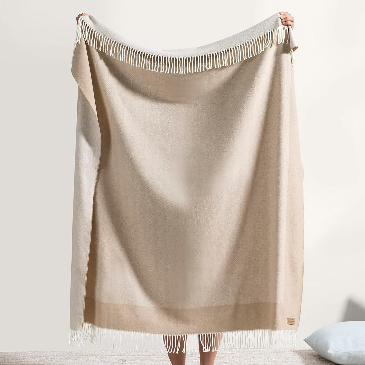 Lands Downunder All-Season, Luxury Dune Border Herringbone Throw – Soft Woven Throw with Decorative Fringe – Made in Italy – 51”W x 67”L - Perfect for Gifting