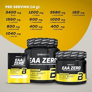 BioTechUSA EAA Zero - Essential Amino Acid Power | 7160mg EAA/Serving | WHO Recommended Ratio | Sugar-Free, Gluten-Free, 350 g, Apple