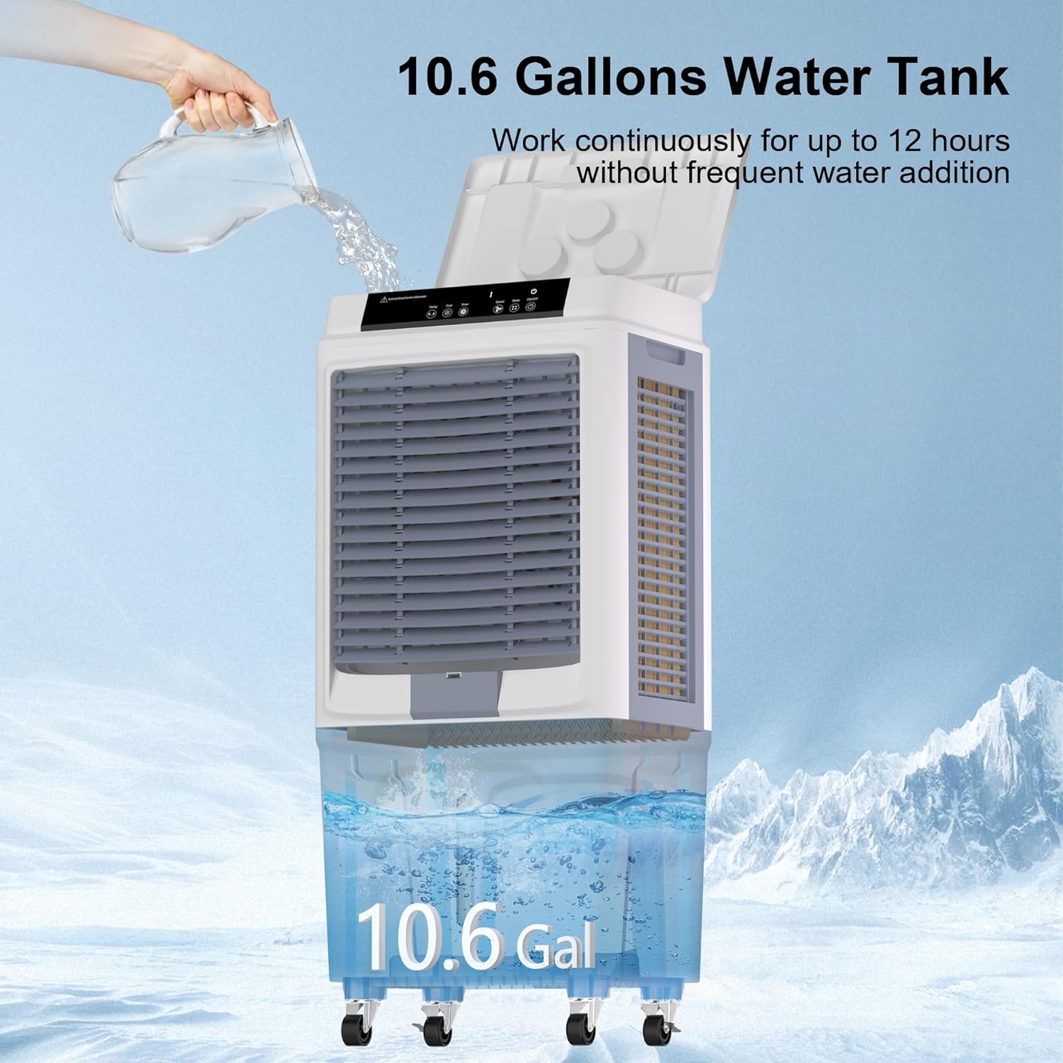 A hand pouring water into the top of the MEPTY Evaporative Air Cooler's 10.6-gallon water tank.