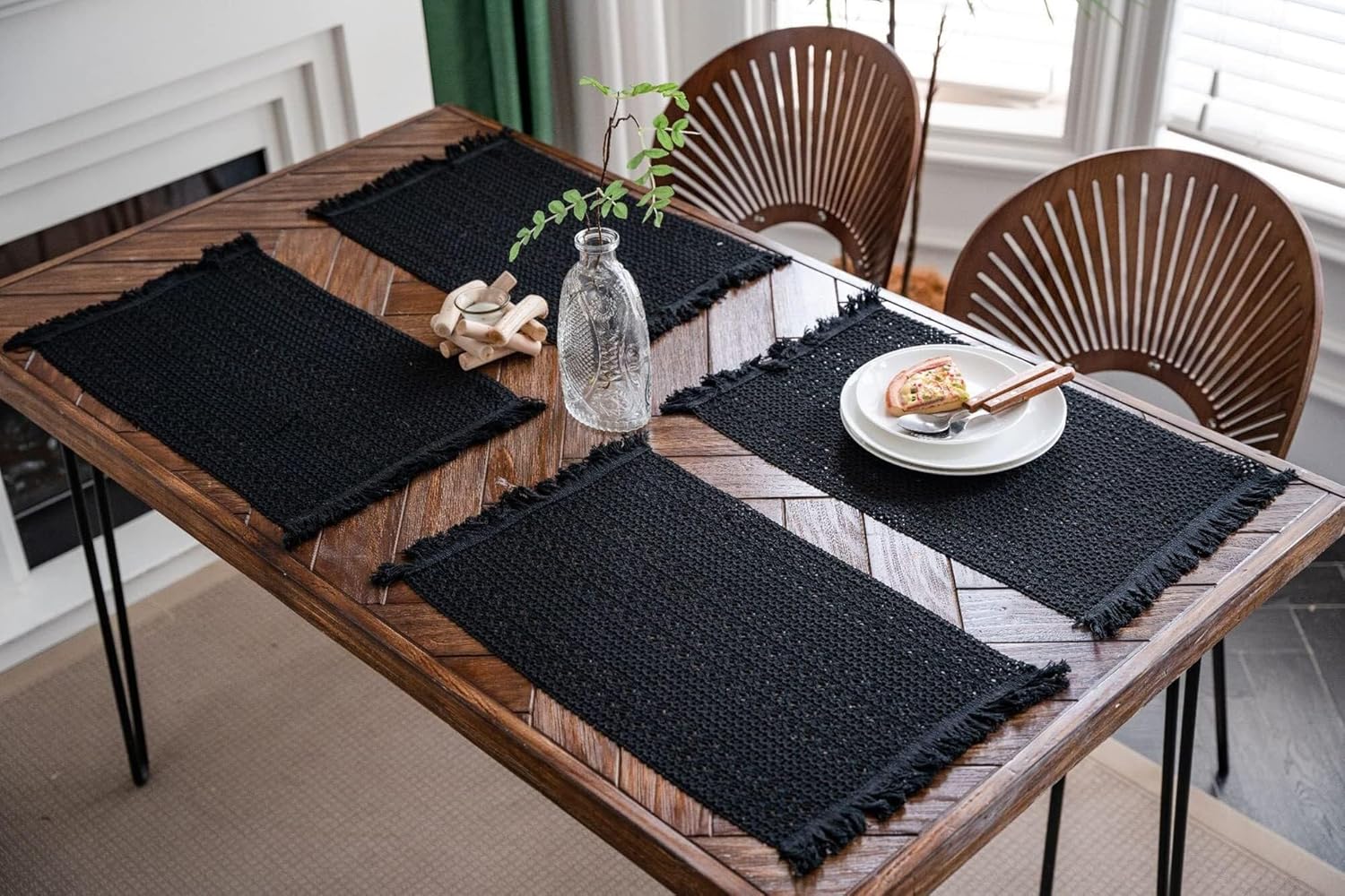 Rectangular Placemats Set of 4,Cotton Linen Fabric Placemats,Black Weave Stripes Pattern,Decorate The Living Room and Dining Table,12'' x 20''(30 x 50 cm)(Gray,12'' x 20''(Set of 8))