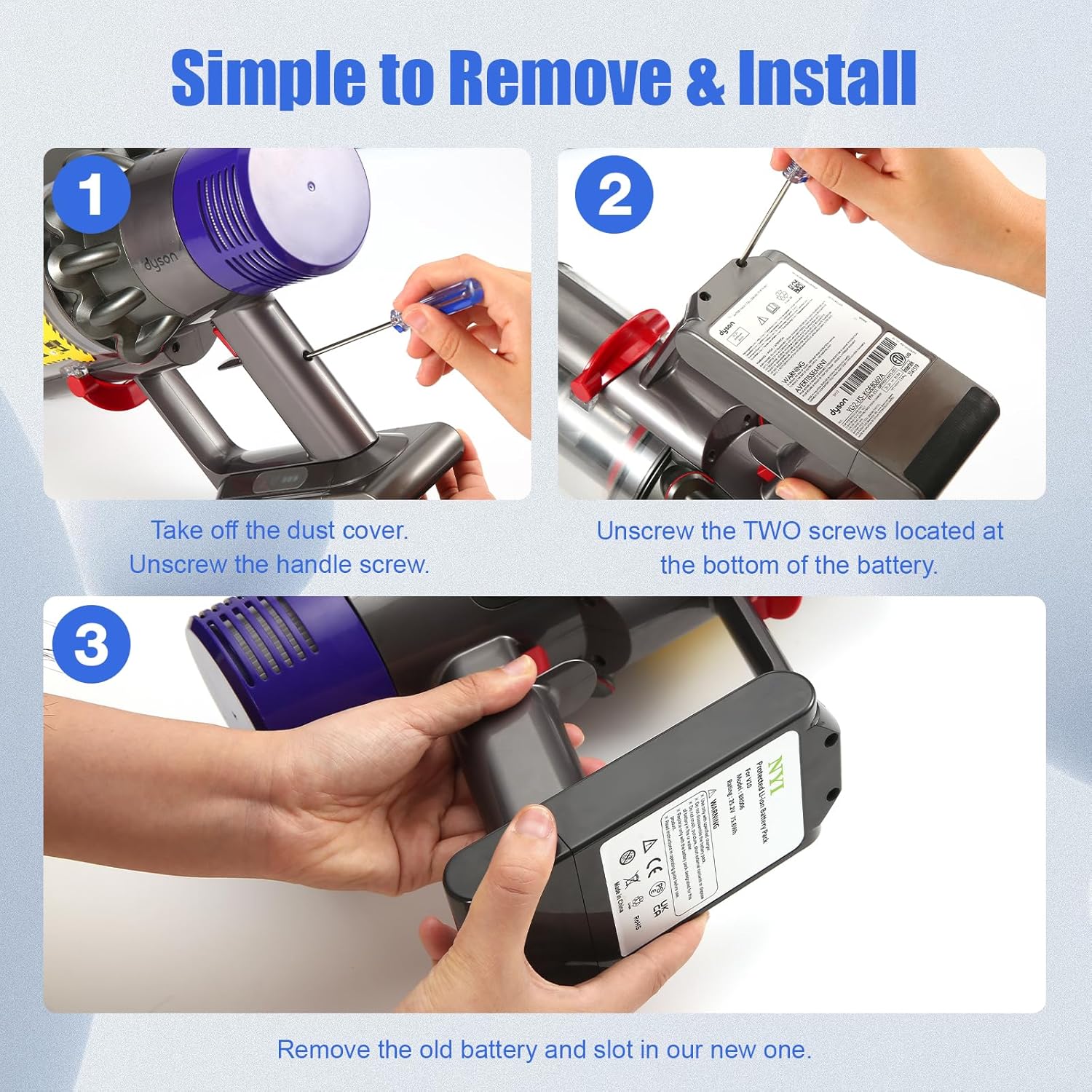 NYI V10 Replacement Battery Compatible with Dyson V10 Cyclone, Animal, Absolute, Motorhead, and More - 25.2V 75.6Wh Battery Pack with Essential Accessories (Not for V10 Digital Slim Fluffy)