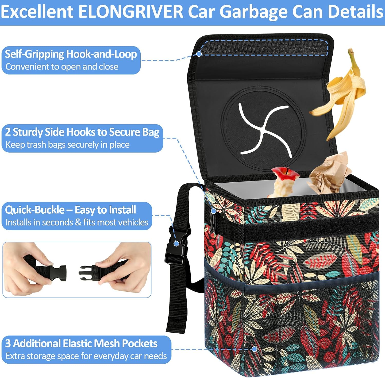 ELONGRIVER Leak Proof Car Trash Can with Lid Red Leaves image 4