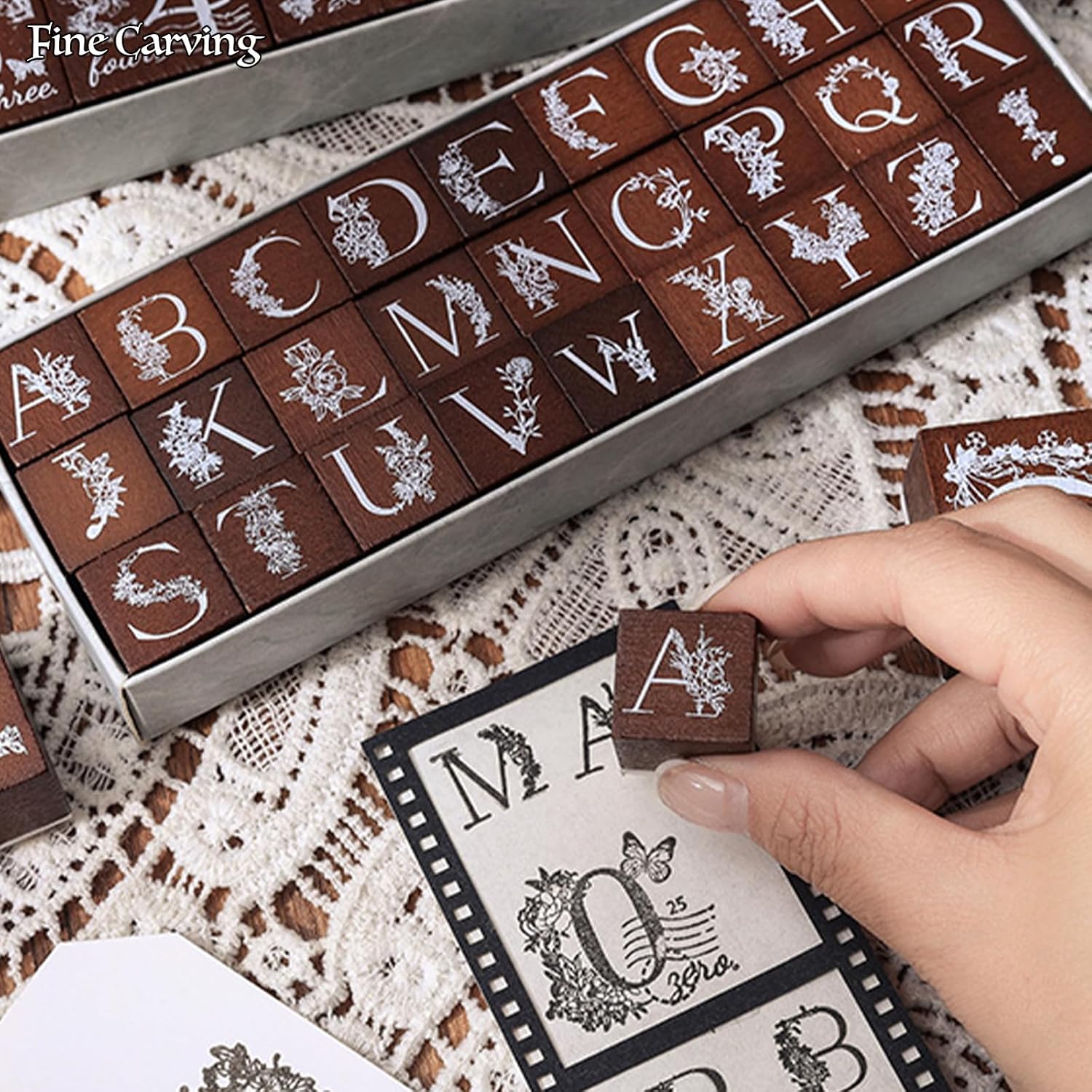 Flower Style Wooden Rubber Stamps Set - 10Pcs Number or 27Pcs Alphabet Stamps for Crafting - Decorative Letter and Number Stamp Kit (Alphabet(27Pcs))