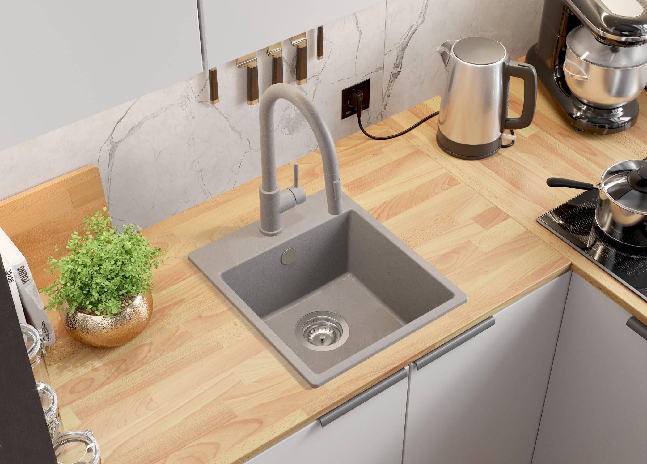 PRIMAGRAN Fregadero Cocina Gris - Riga Easy, 38x44cm | Granito 1 Seno + Sifón, sobre Encimera al Mueble 40cm (S005)