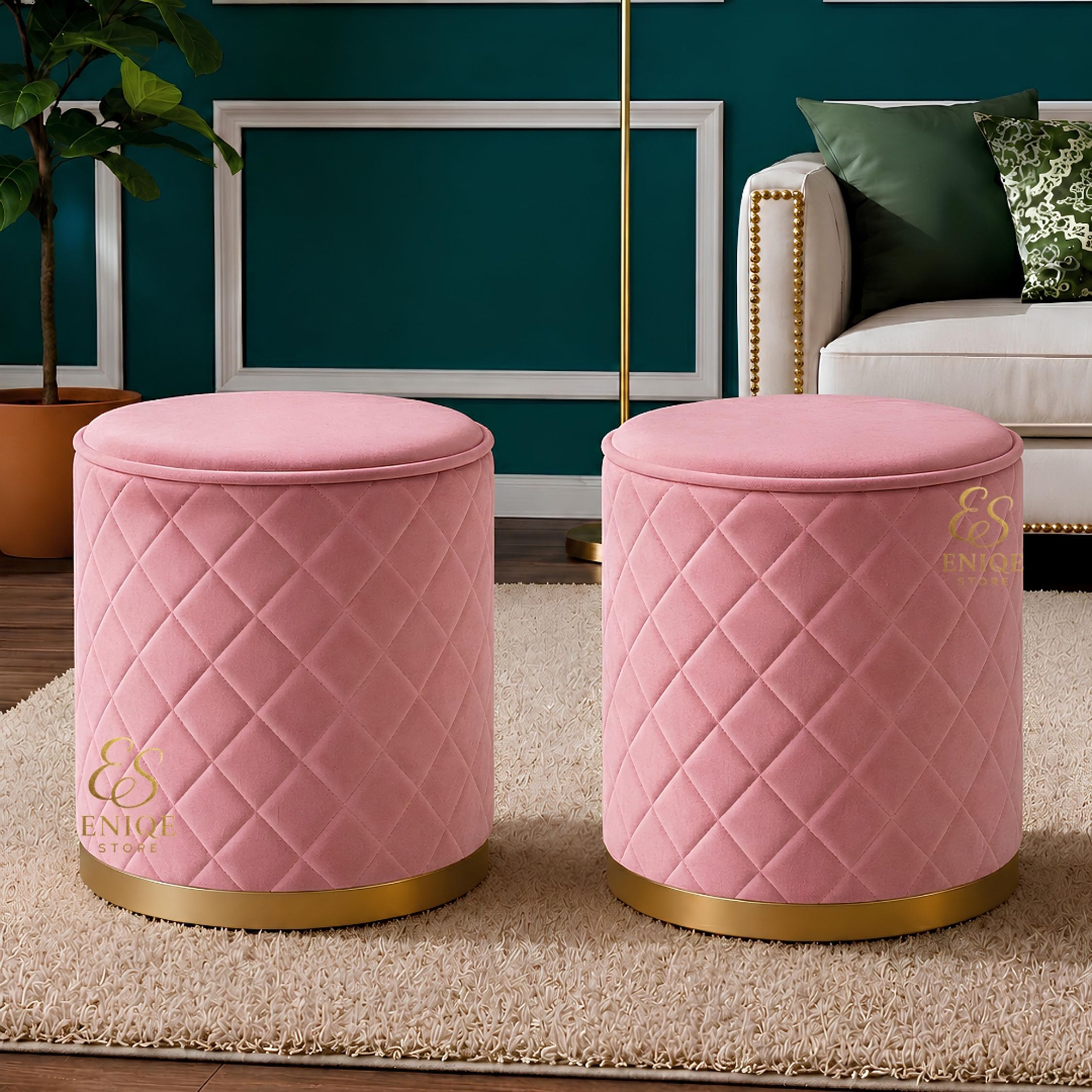 Premium Velvet Ottoman Stool Set of 2 | Round Upholstered Foot Rest & Makeup Stool with Gold Base | Quilted Pouffe Seating for Living Room, Bedroom, Vanity & Home Decor | Pink-image-26