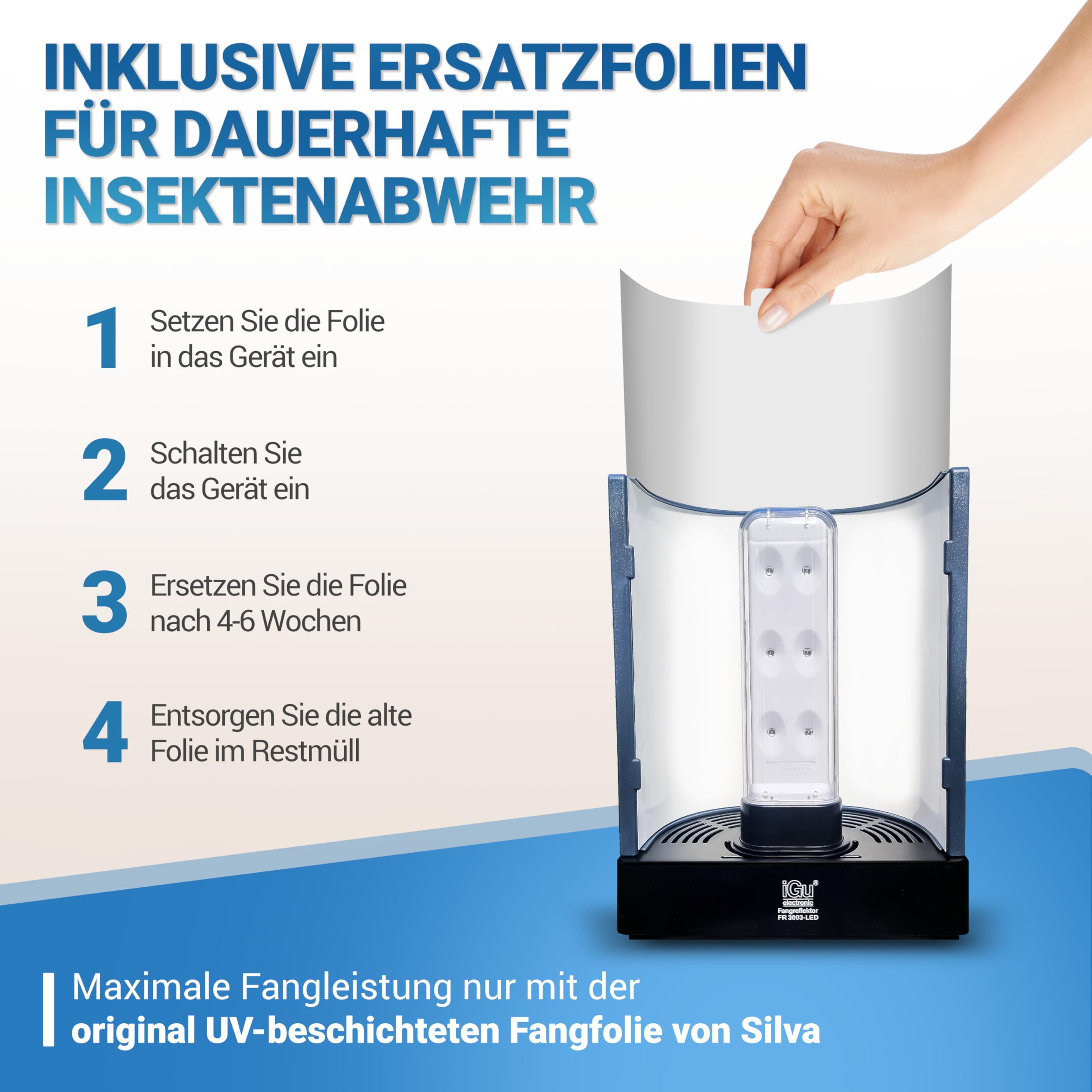 iGu 3003 LED Fliegenfänger Elektrische Fliegenfalle Innenbereich UV-LICHT | Insektenvernichter, Fliegenfalle mit Ersatzfolien, Klebefolien FANGREFLEKTOR, Fliegenabwehr, Mückenfalle, Mückenschutz, 230V