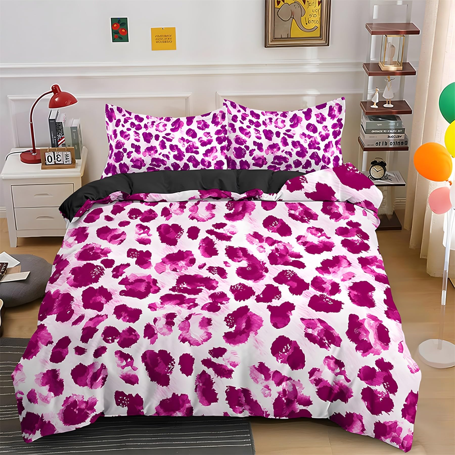 Housse de couette 220x240 léopard magenta avec 2 taies d'oreiller en microfibre Ju209