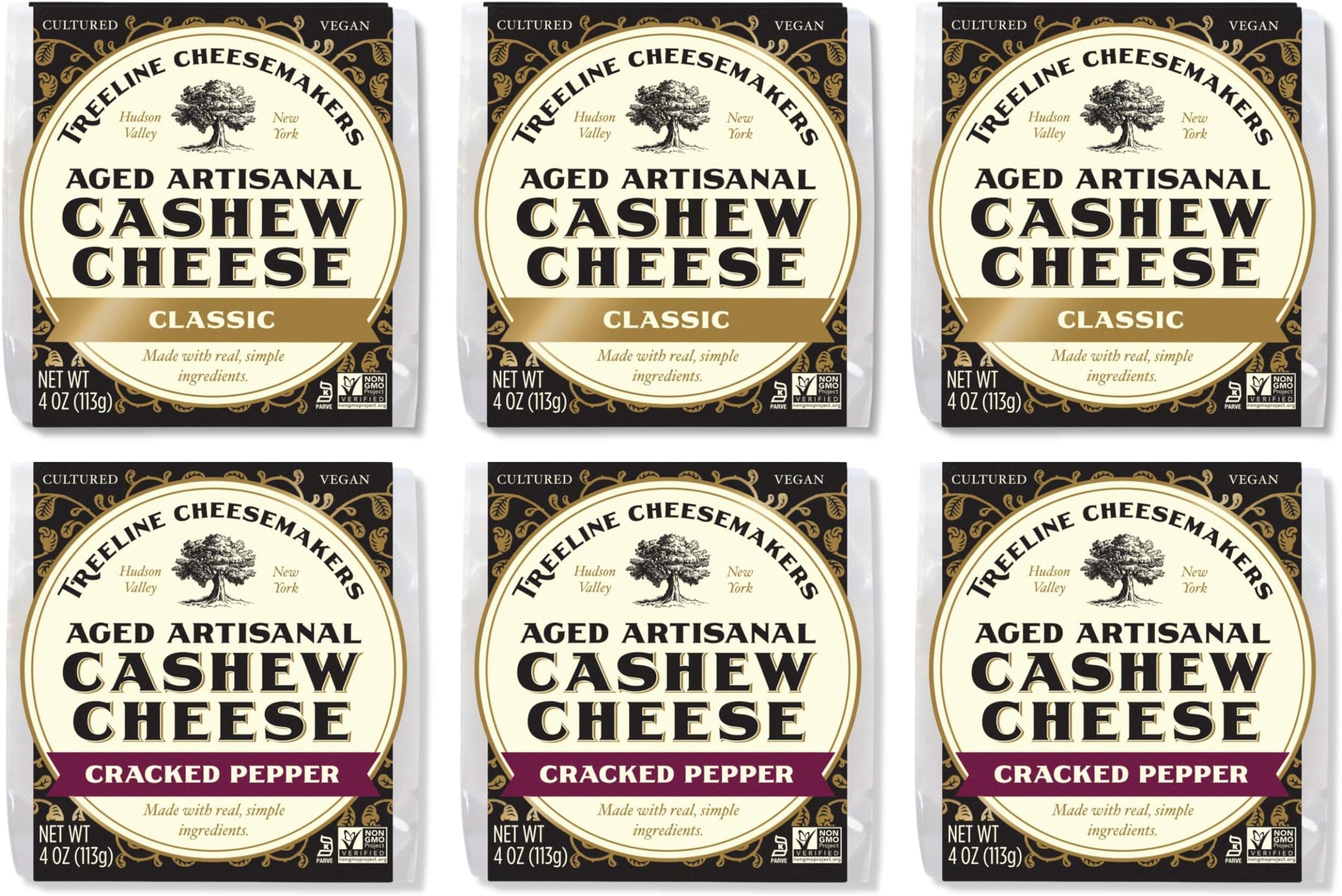 Treeline Cheese - Vegan Dairy-Free Aged Artisanal Cheese 4 oz, 6-Pack (Variety - Classic & Cracked Pepper)