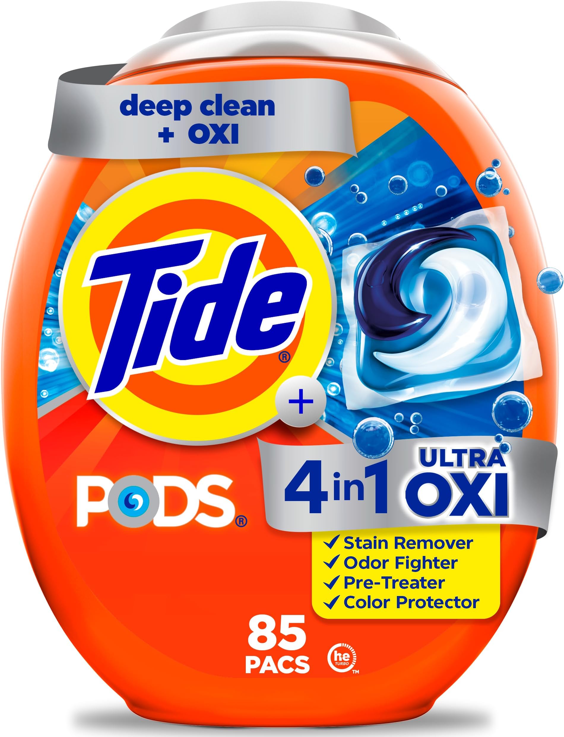 4-in-1 Ultra Oxi PODS Laundry Detergent Pacs, 85 Count, HE Compatible, Built in Pre-treater for Stains