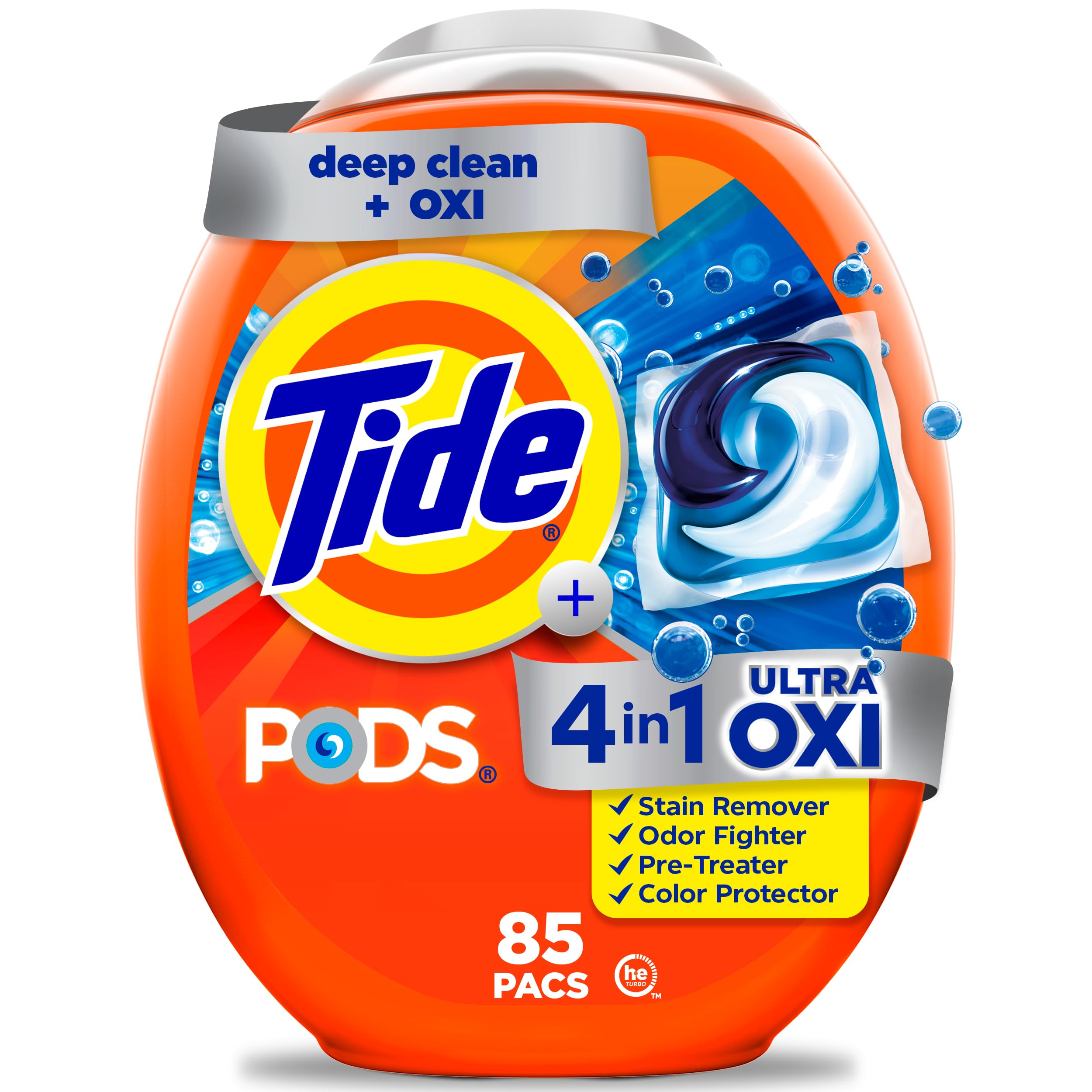 4-in-1 Ultra Oxi PODS Laundry Detergent Pacs, 85 Count, HE Compatible, Built in Pre-treater for Stains
